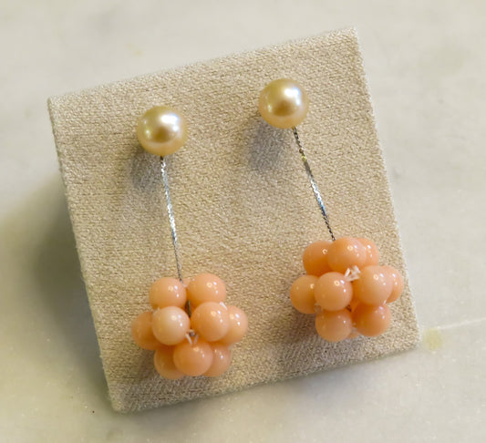 Vintage Pearl and Coral Cluster Drop Earrings
