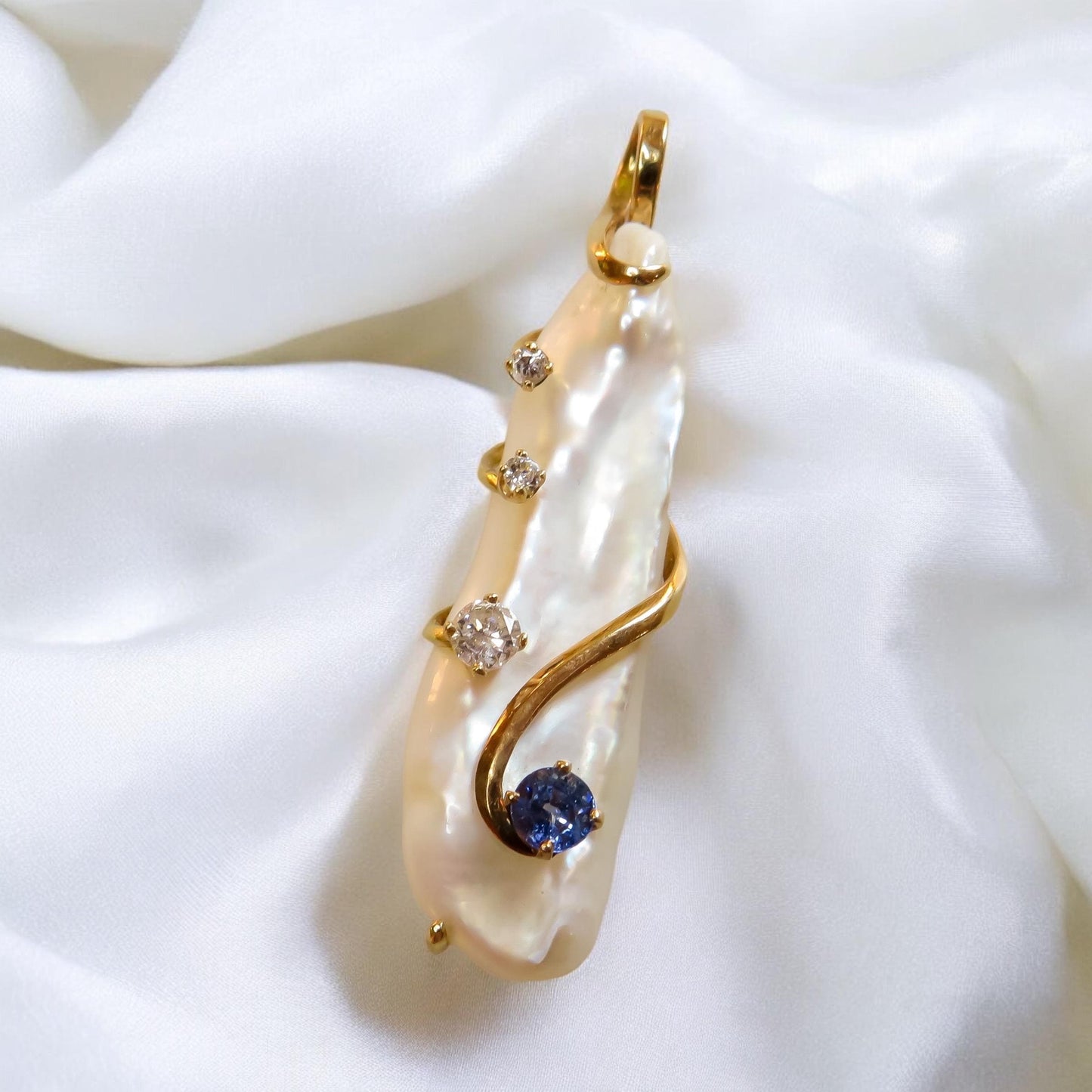 Baroque Pearl, Diamond, and Sapphire Pendant