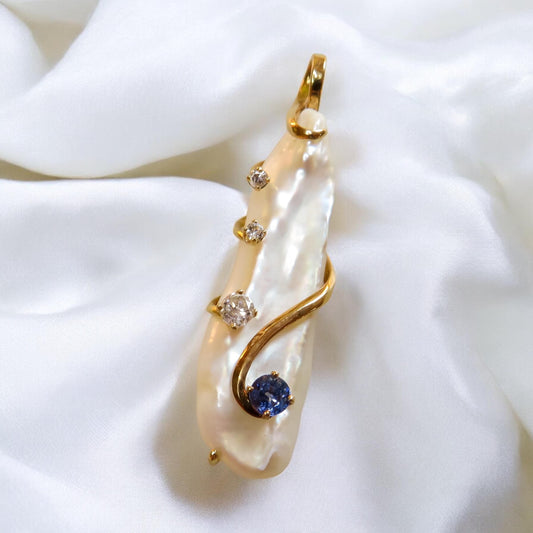 Baroque Pearl, Diamond, and Sapphire Pendant