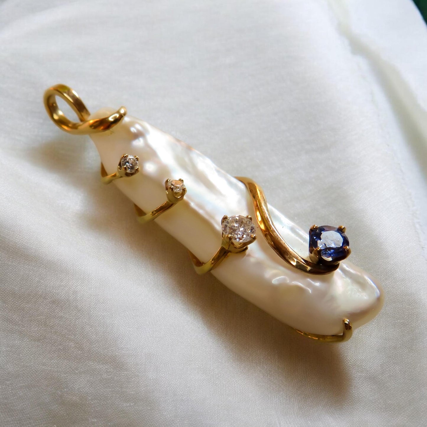 Baroque Pearl, Diamond, and Sapphire Pendant