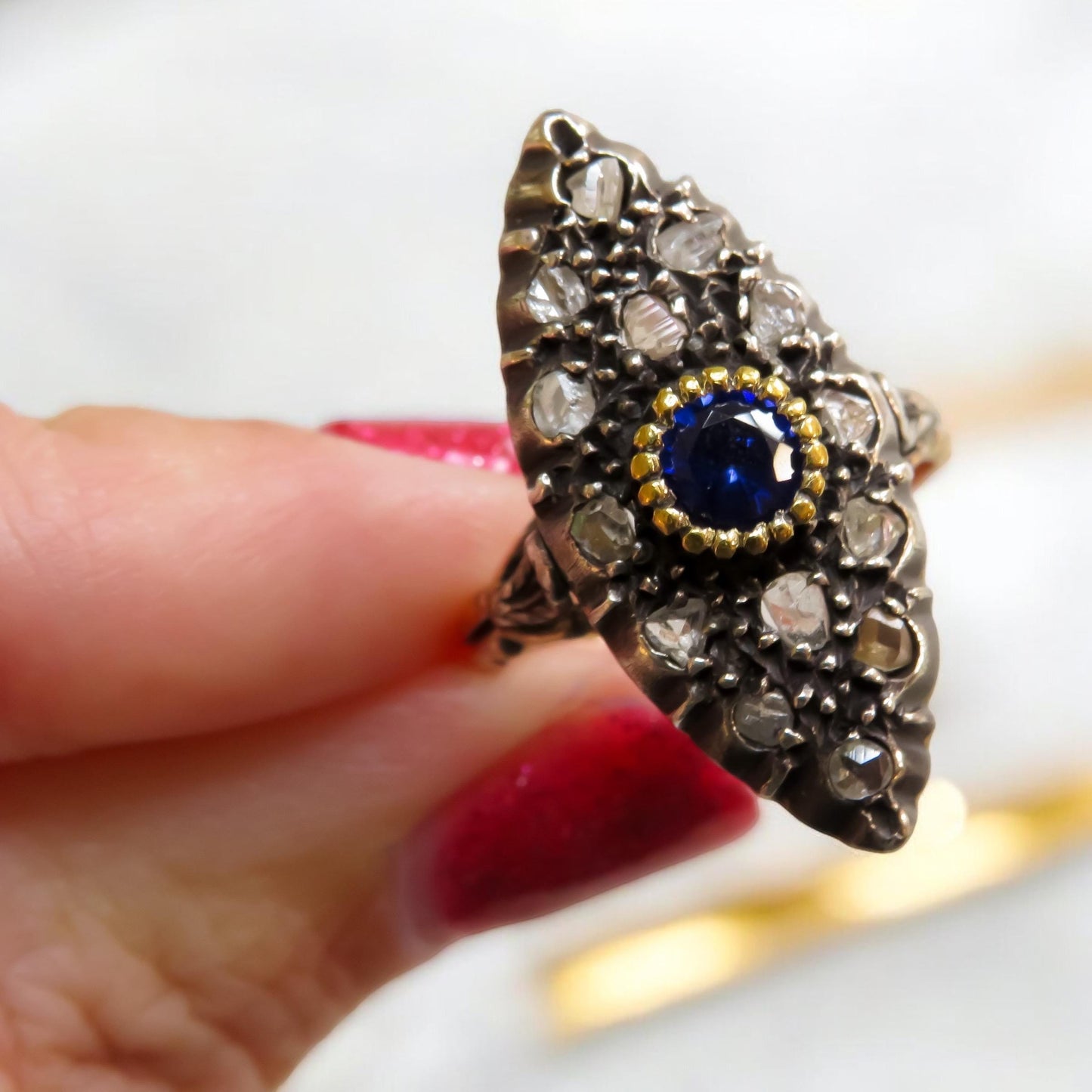 Circa 1880 Sapphire and Diamond Navette Ring with Botanical Detailing
