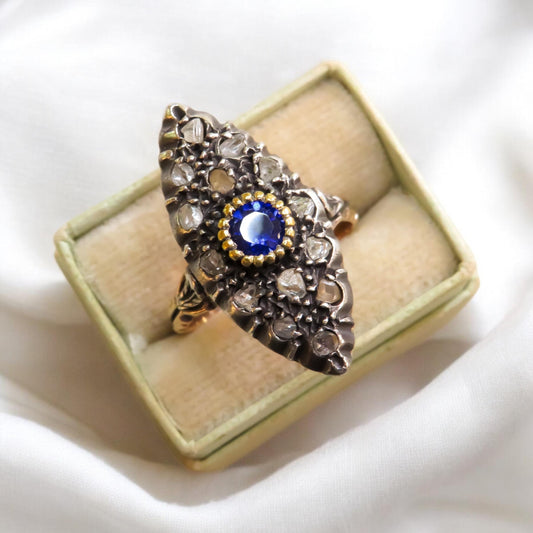 Circa 1880 Sapphire and Diamond Navette Ring with Botanical Detailing
