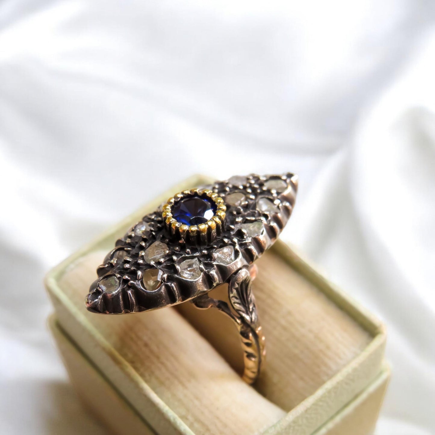 Circa 1880 Sapphire and Diamond Navette Ring with Botanical Detailing