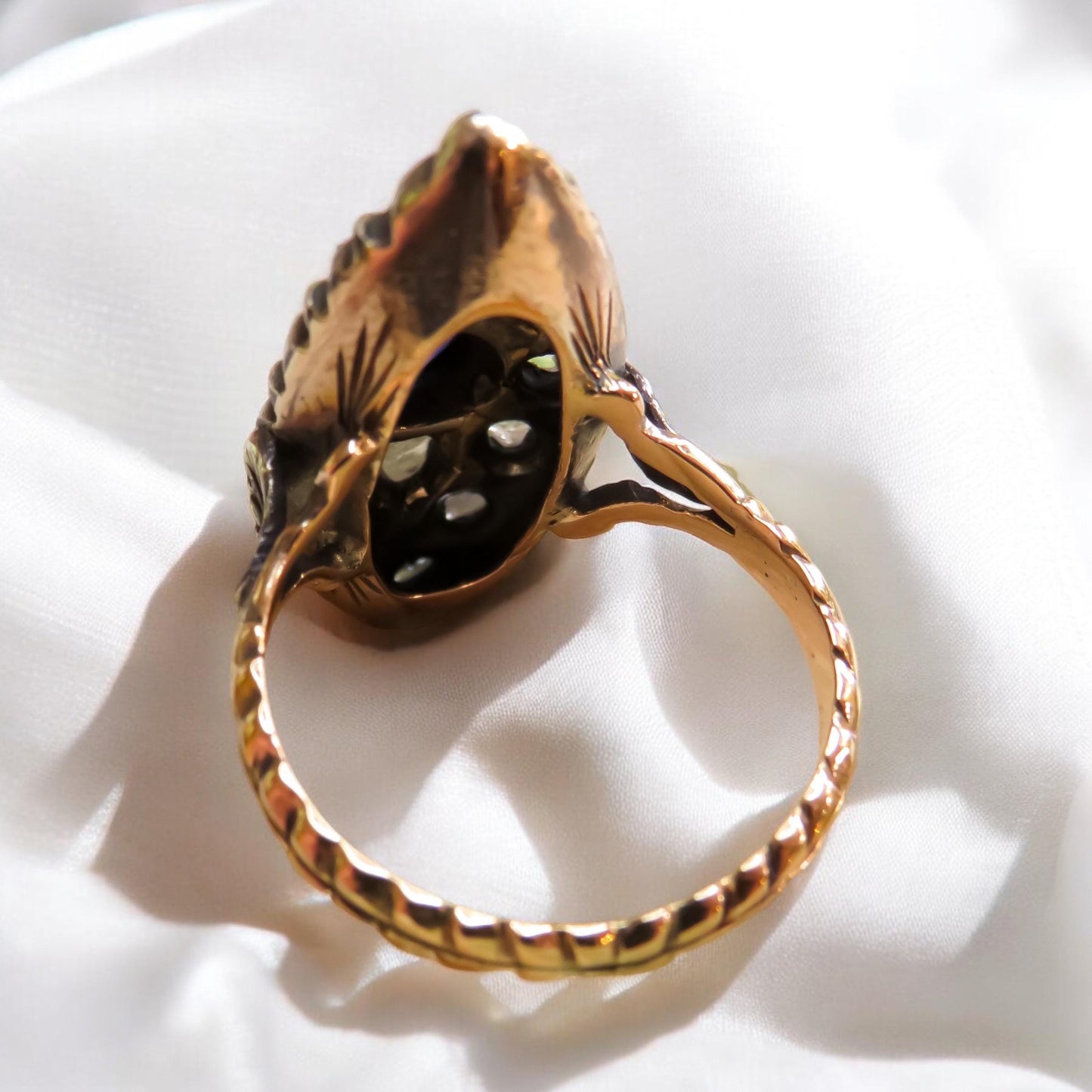 Circa 1880 Sapphire and Diamond Navette Ring with Botanical Detailing