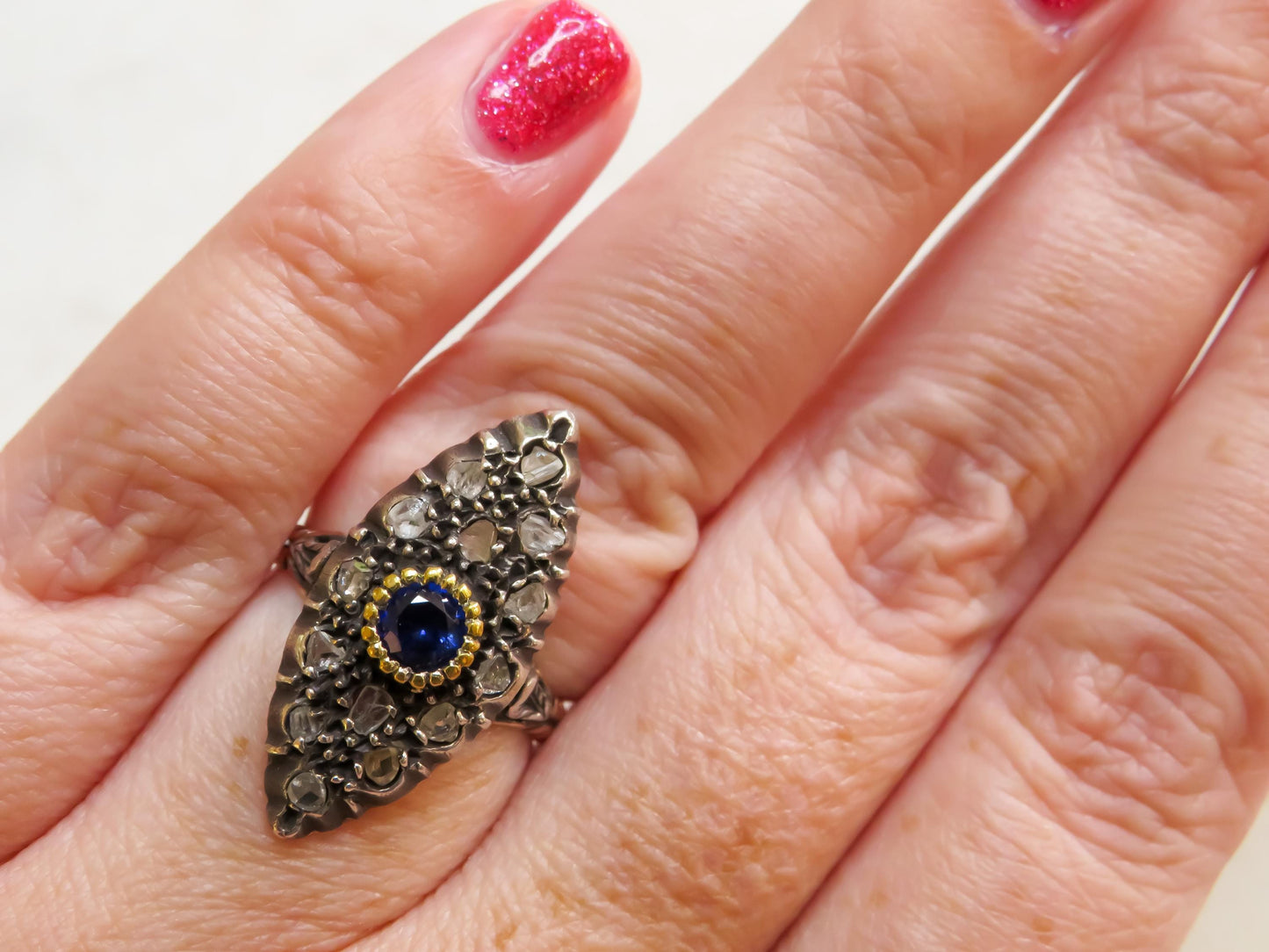 Circa 1880 Sapphire and Diamond Navette Ring with Botanical Detailing