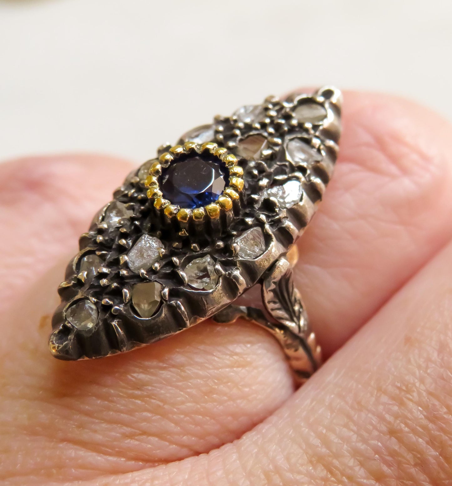 Circa 1880 Sapphire and Diamond Navette Ring with Botanical Detailing