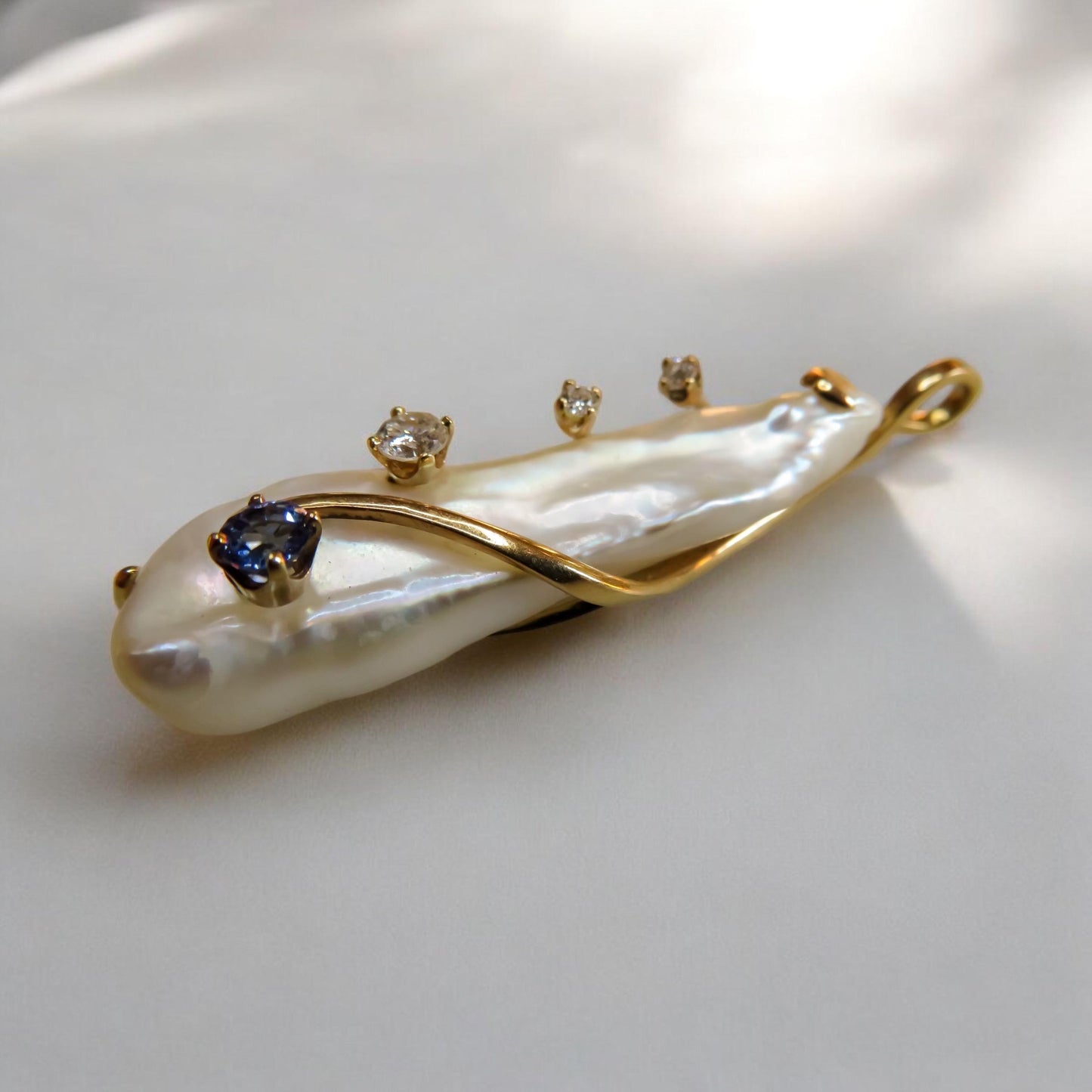 Baroque Pearl, Diamond, and Sapphire Pendant