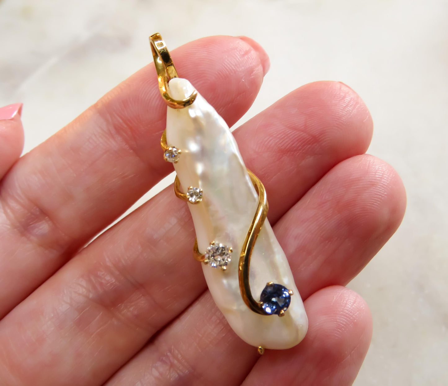 Baroque Pearl, Diamond, and Sapphire Pendant
