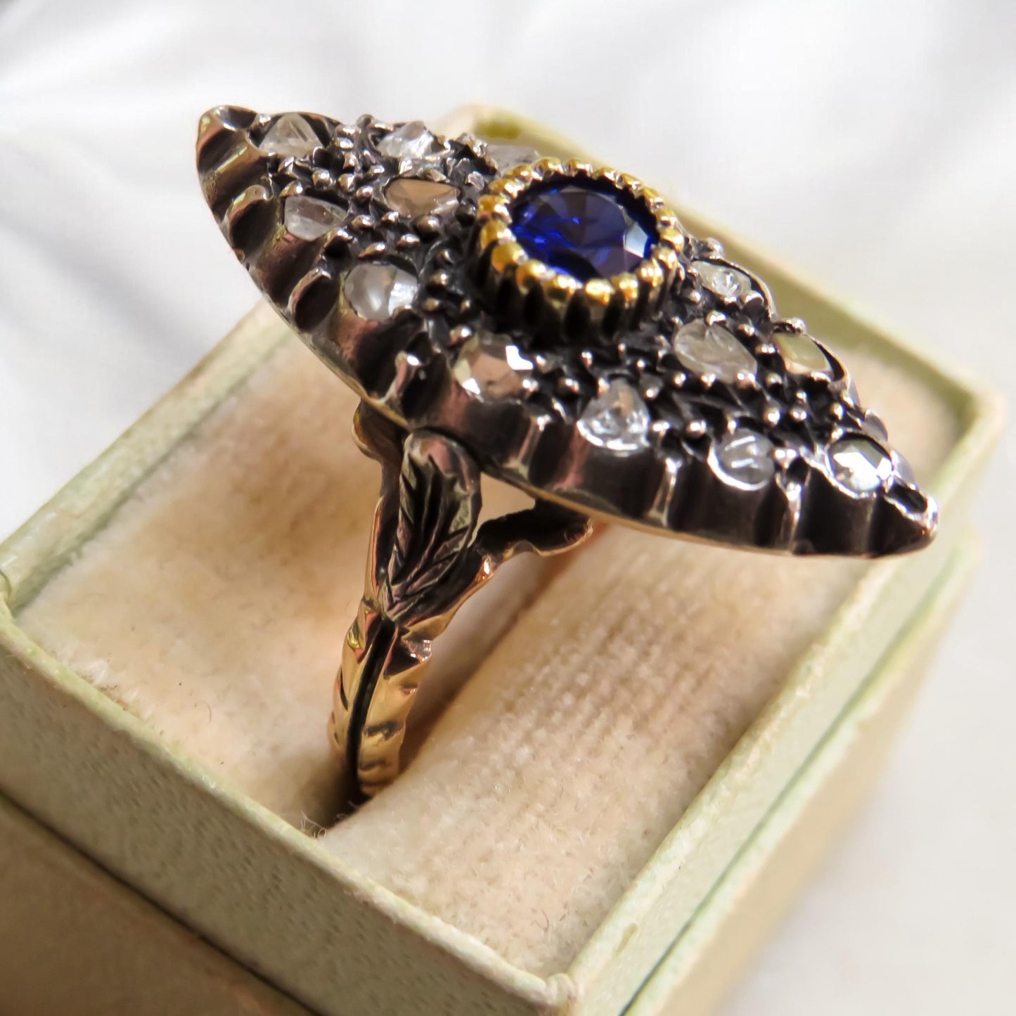 Circa 1880 Sapphire and Diamond Navette Ring with Botanical Detailing