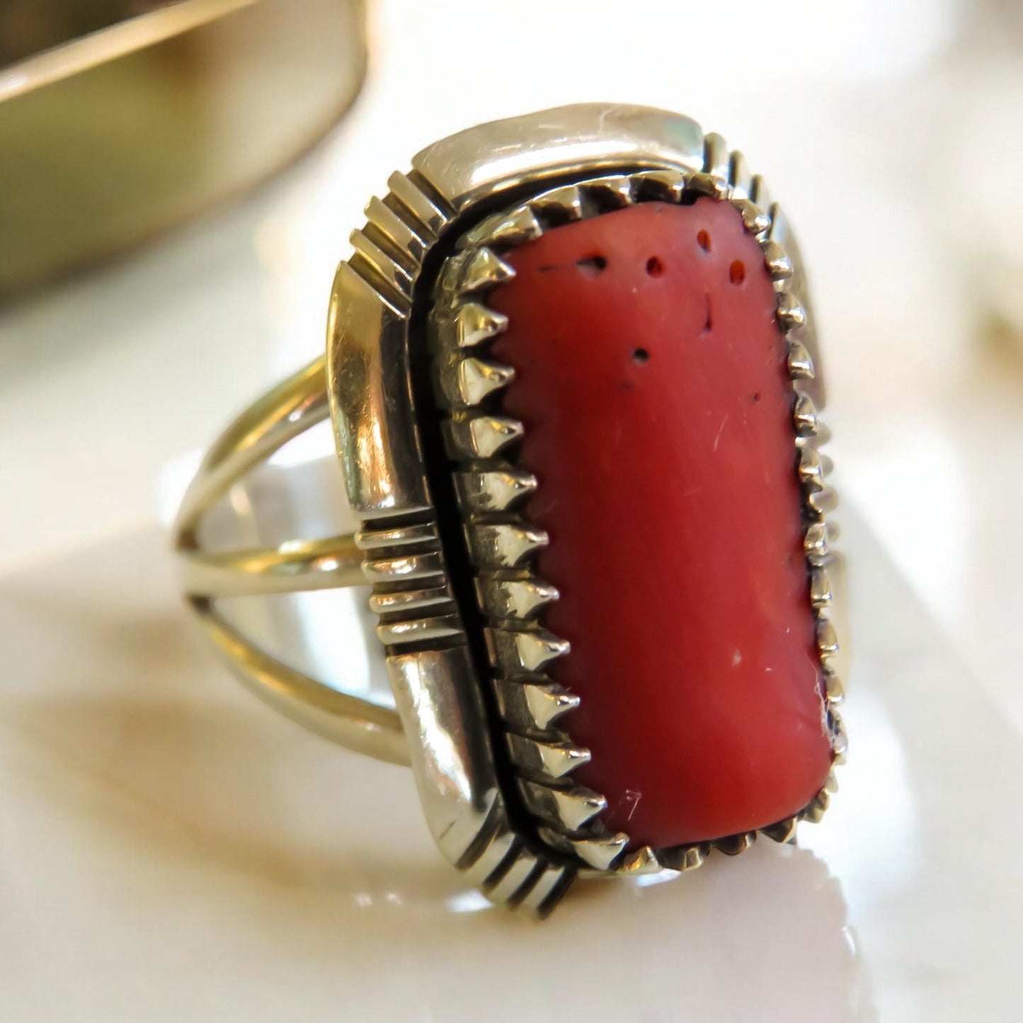 Native Artisan Coral and Sterling Silver Jewelry Suite, Earrings, Bracelet, and Ring