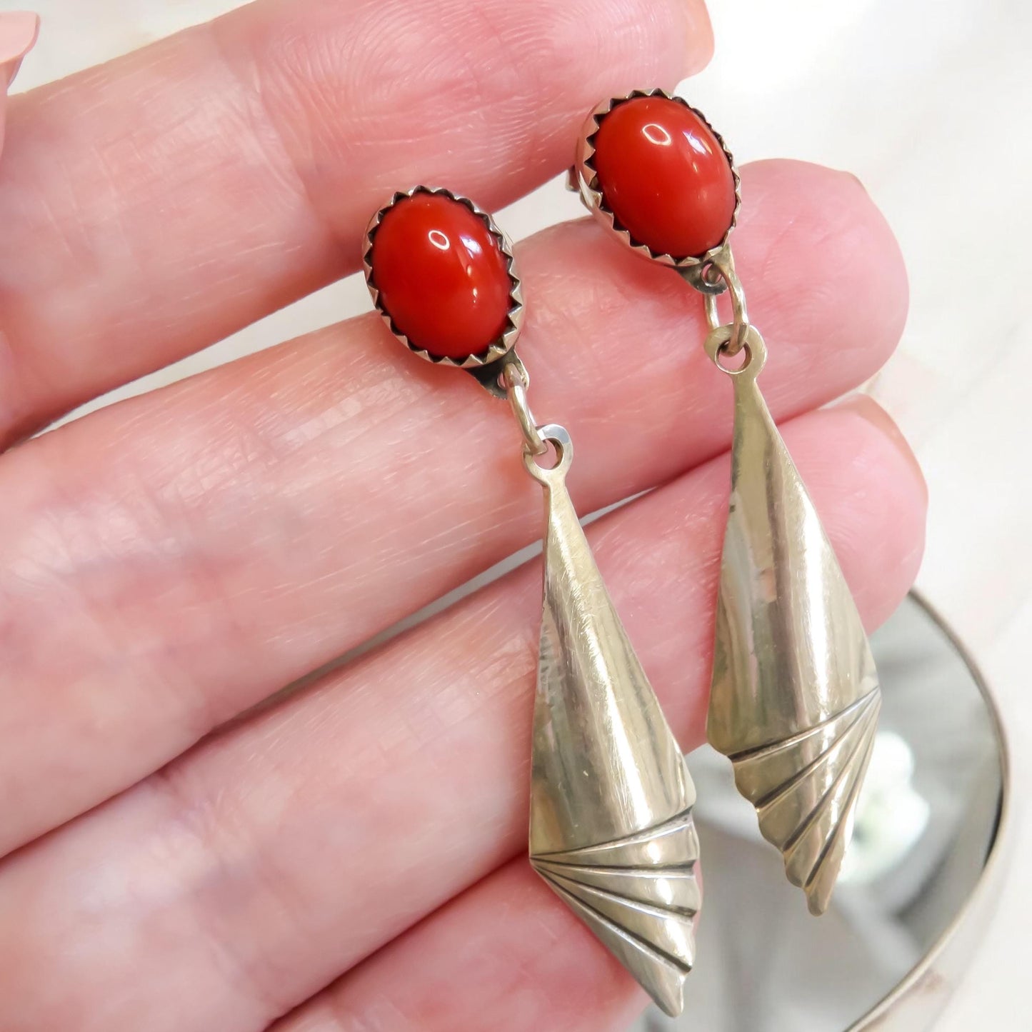 Native Artisan Coral and Sterling Silver Jewelry Suite, Earrings, Bracelet, and Ring