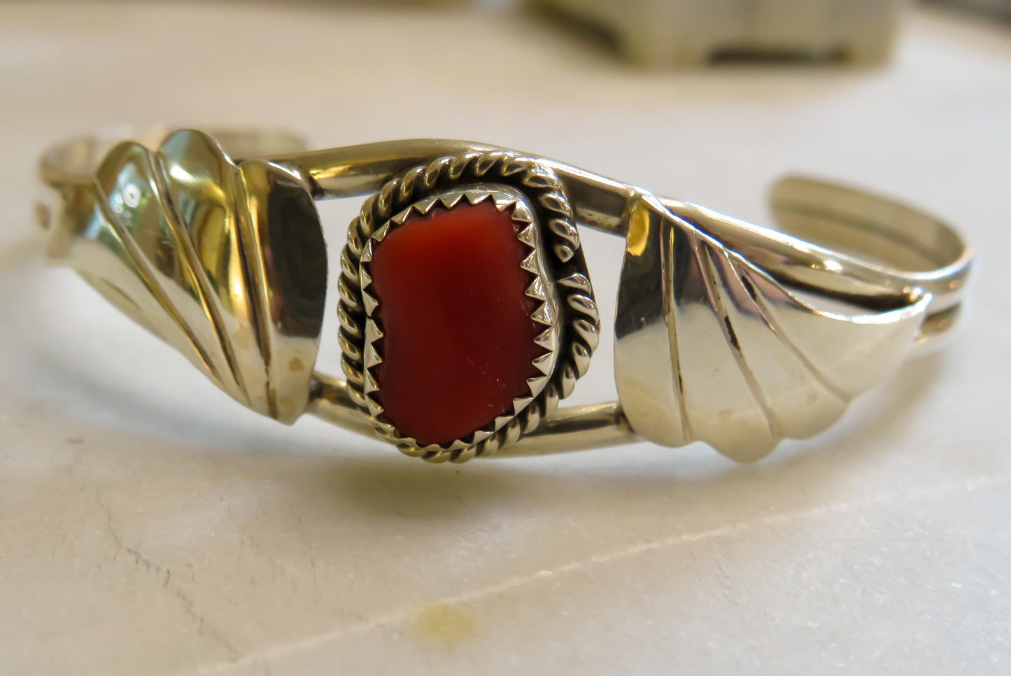 Native Artisan Coral and Sterling Silver Jewelry Suite, Earrings, Bracelet, and Ring