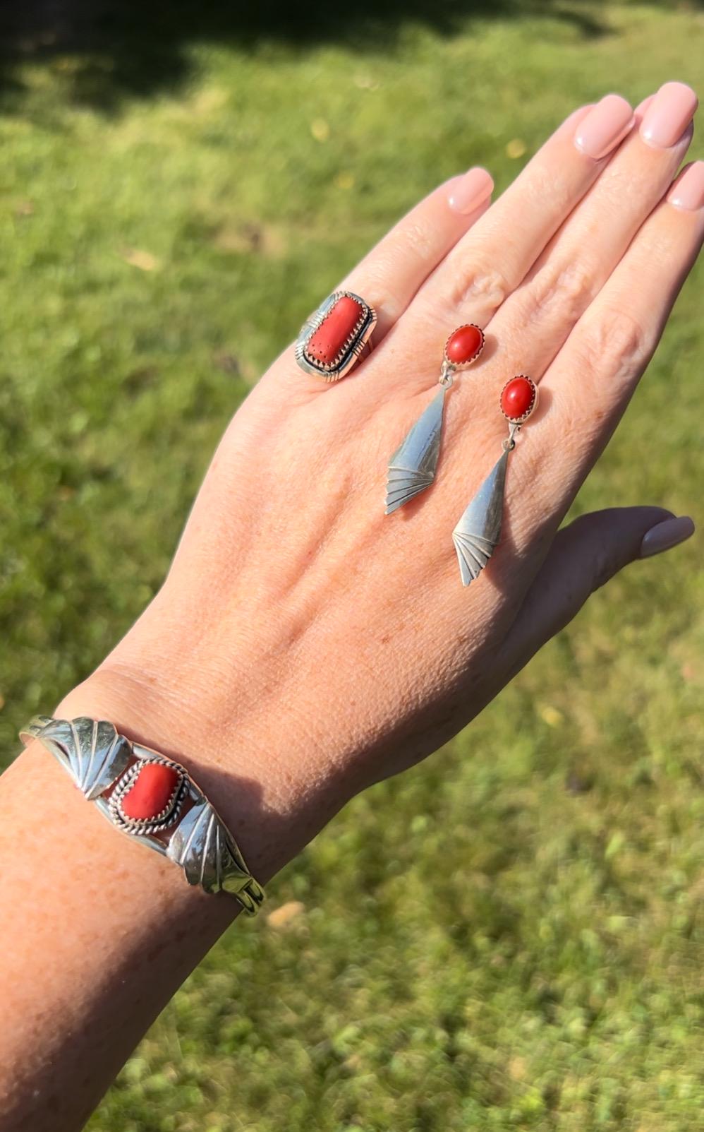 Native Artisan Coral and Sterling Silver Jewelry Suite, Earrings, Bracelet, and Ring