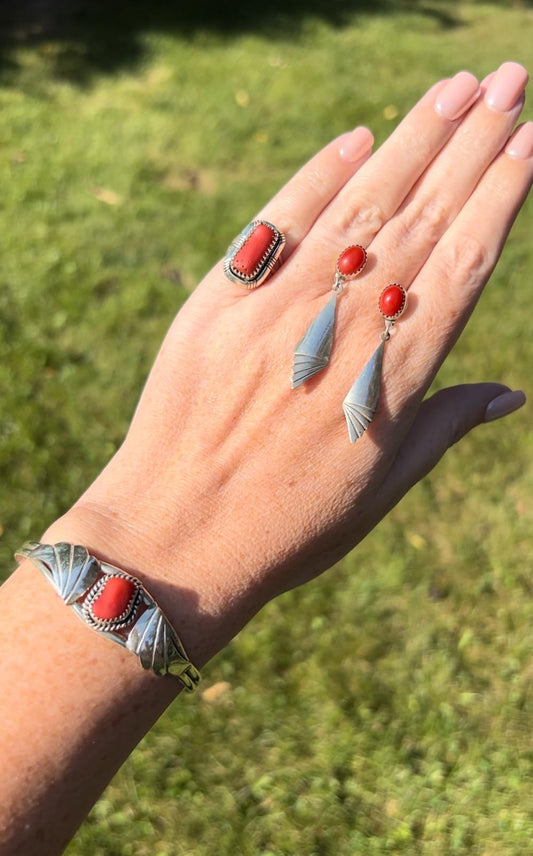 Native Artisan Coral and Sterling Silver Jewelry Suite, Earrings, Bracelet, and Ring
