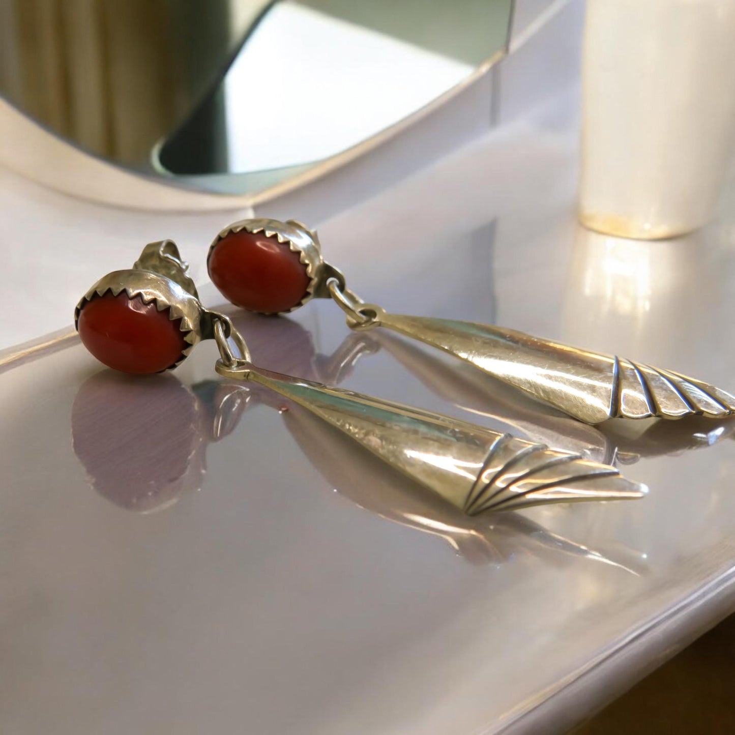 Native Artisan Coral and Sterling Silver Jewelry Suite, Earrings, Bracelet, and Ring