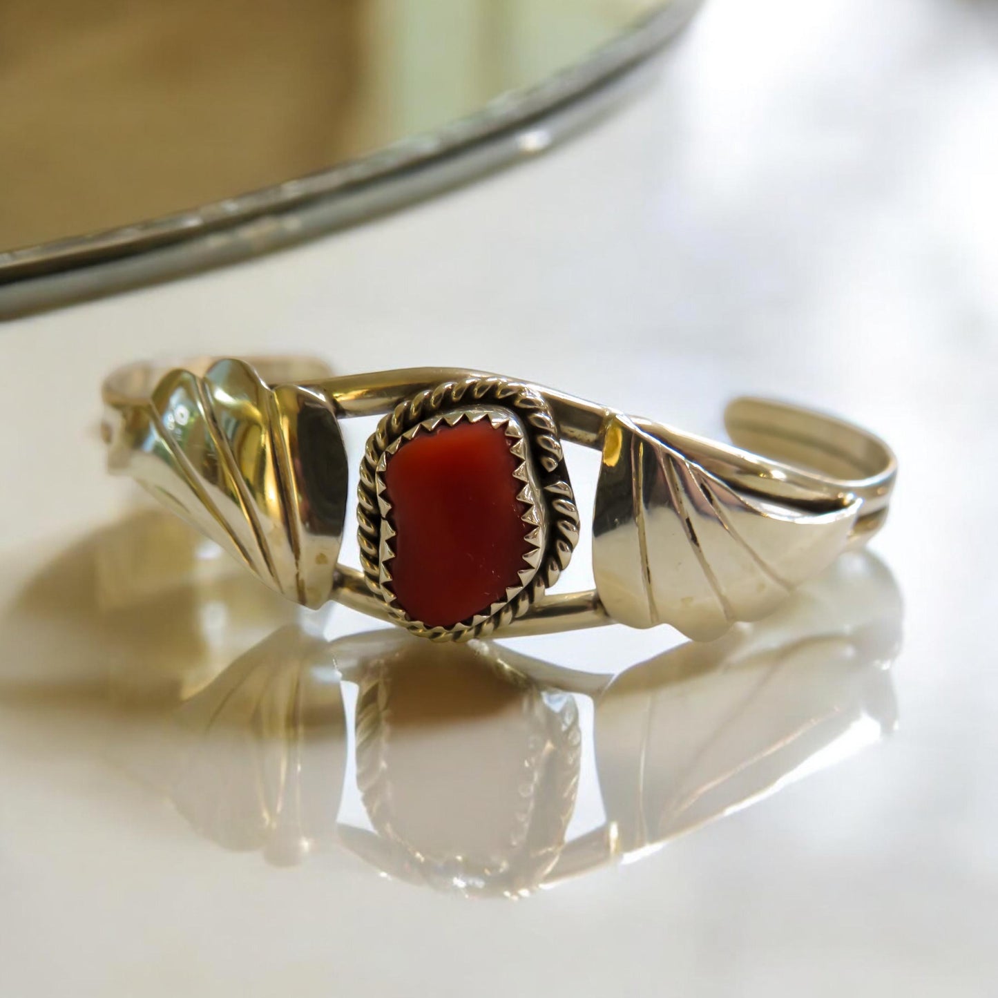 Native Artisan Coral and Sterling Silver Jewelry Suite, Earrings, Bracelet, and Ring