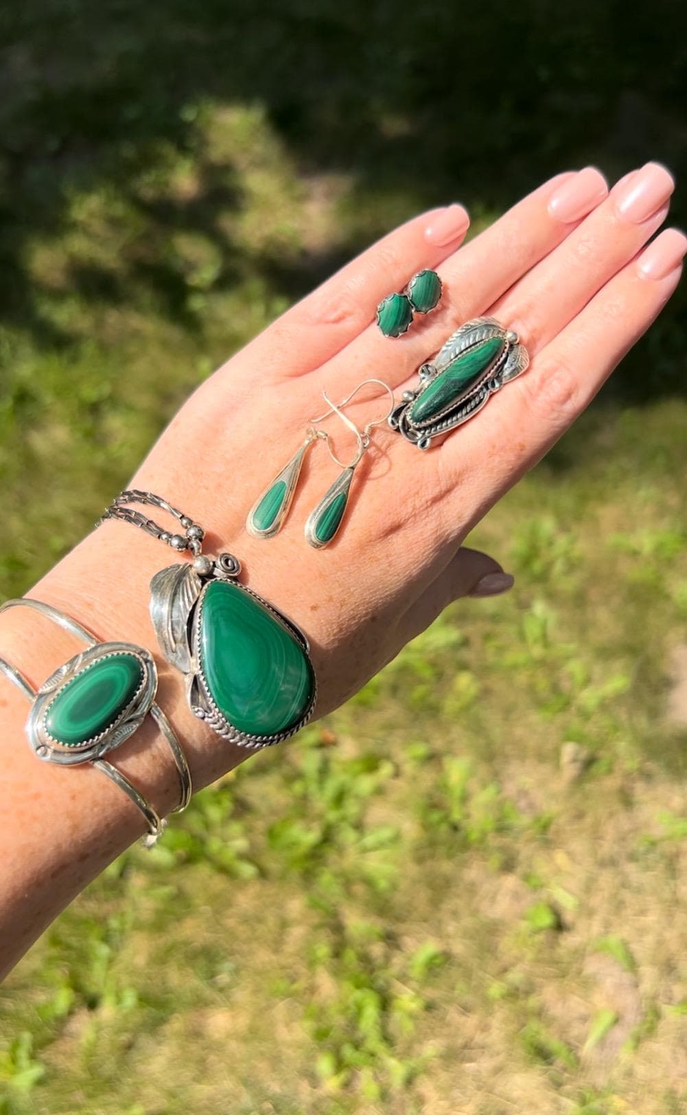 Malachite and Sterling Silver Native Artisan Jewelry Suite