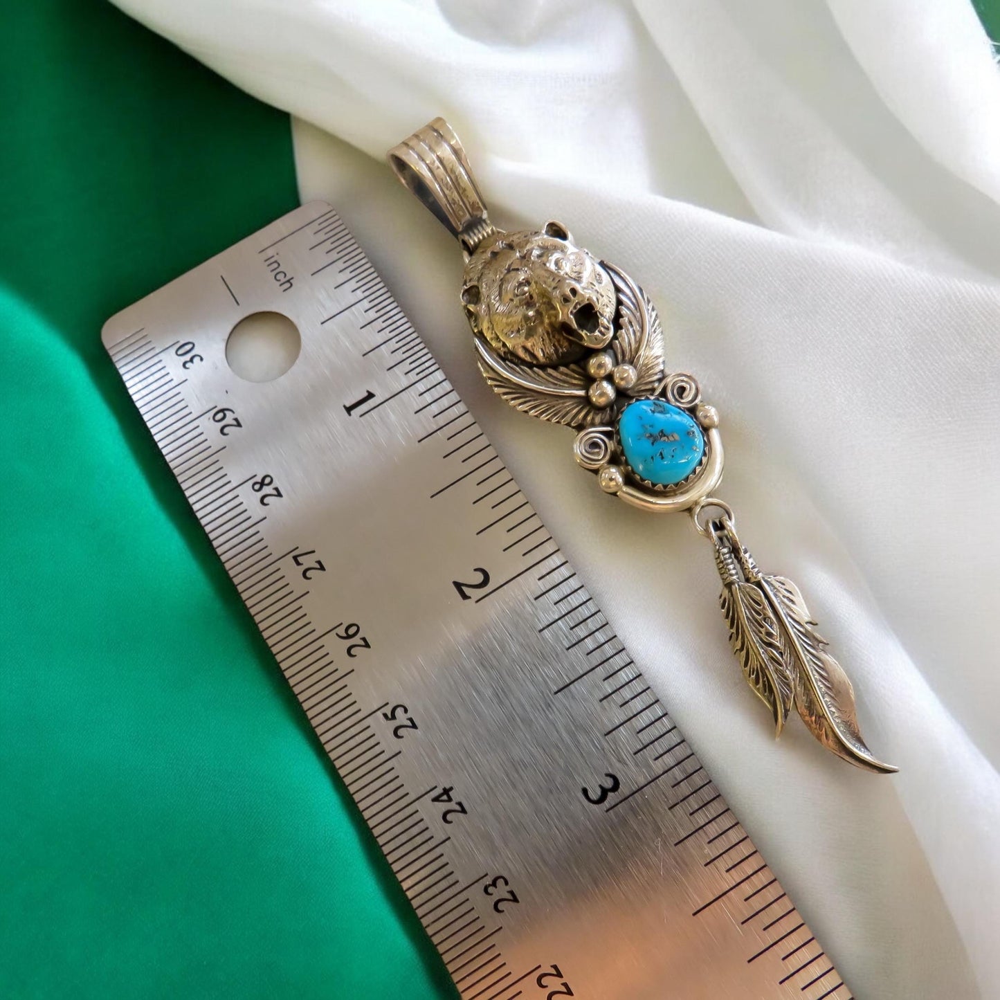 Native Silver and Turquoise Bear and Feather Pendant