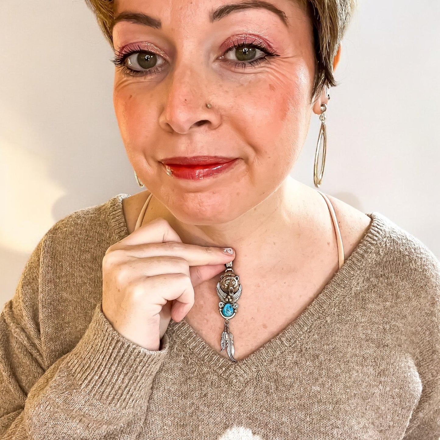 Native Silver and Turquoise Bear and Feather Pendant