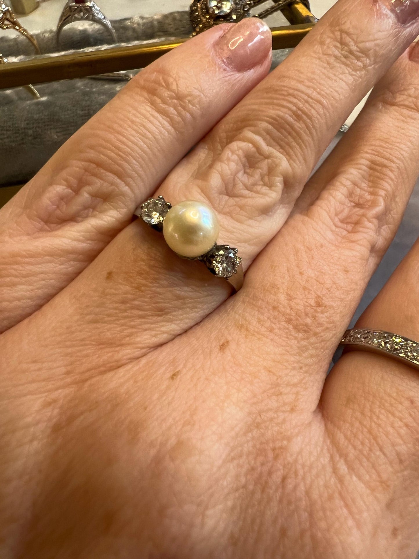 1940s Pearl and Diamond Trilogy Ring