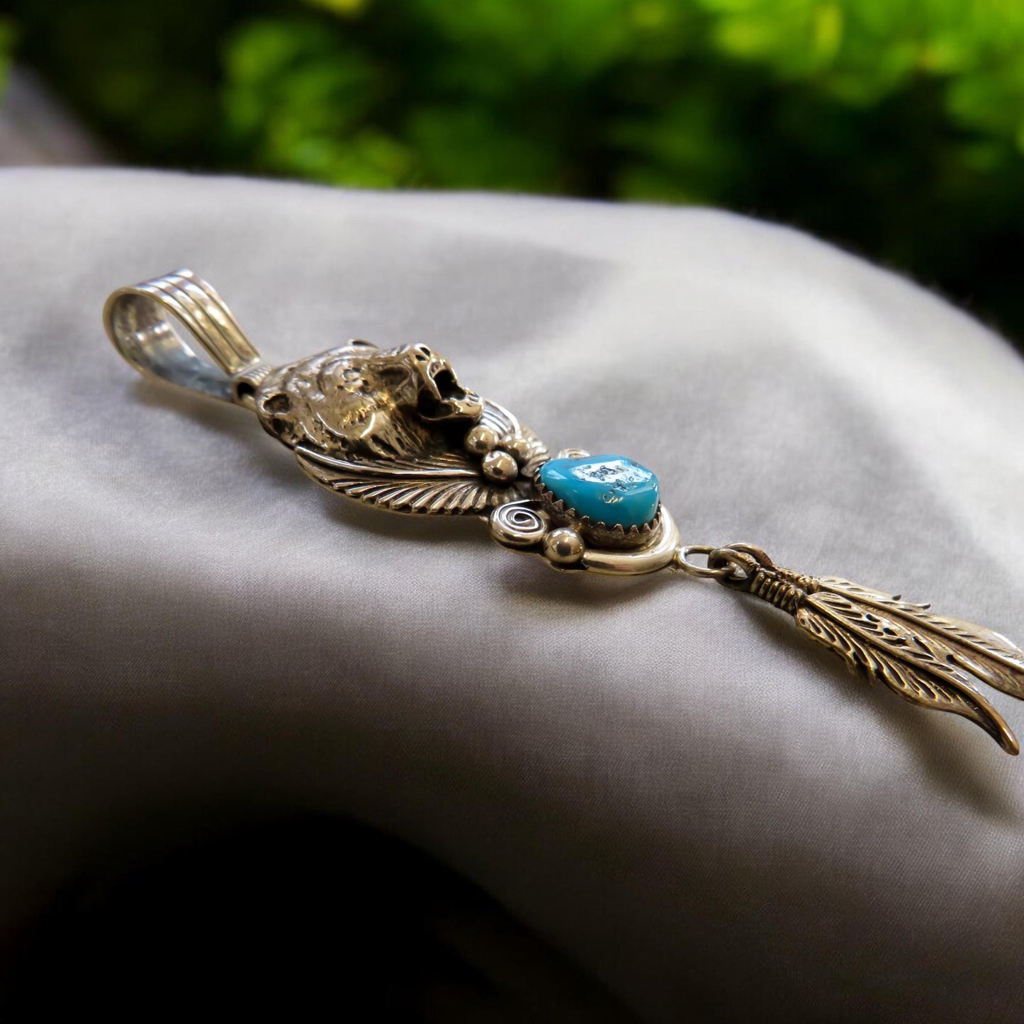 Native Silver and Turquoise Bear and Feather Pendant