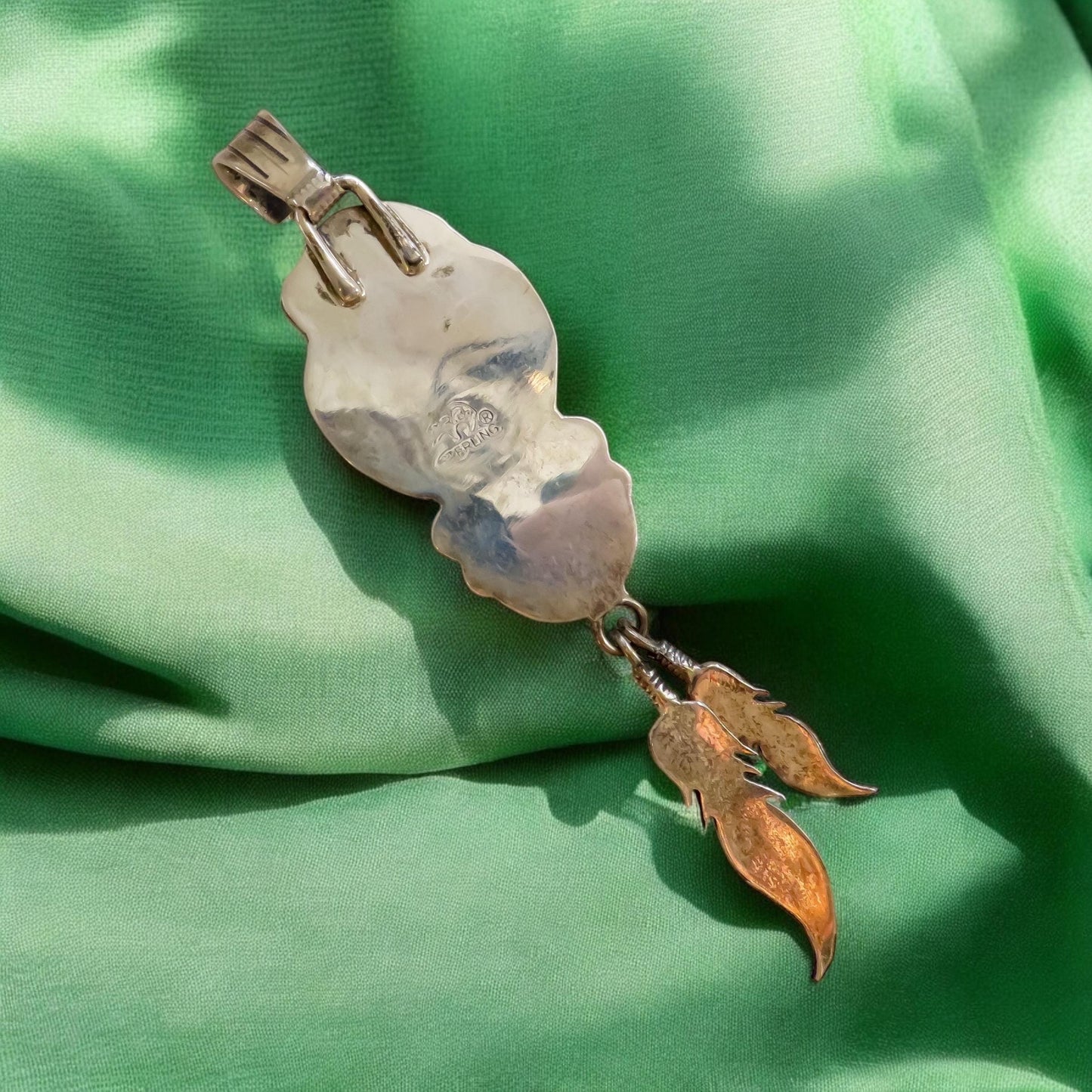 Native Silver and Turquoise Bear and Feather Pendant