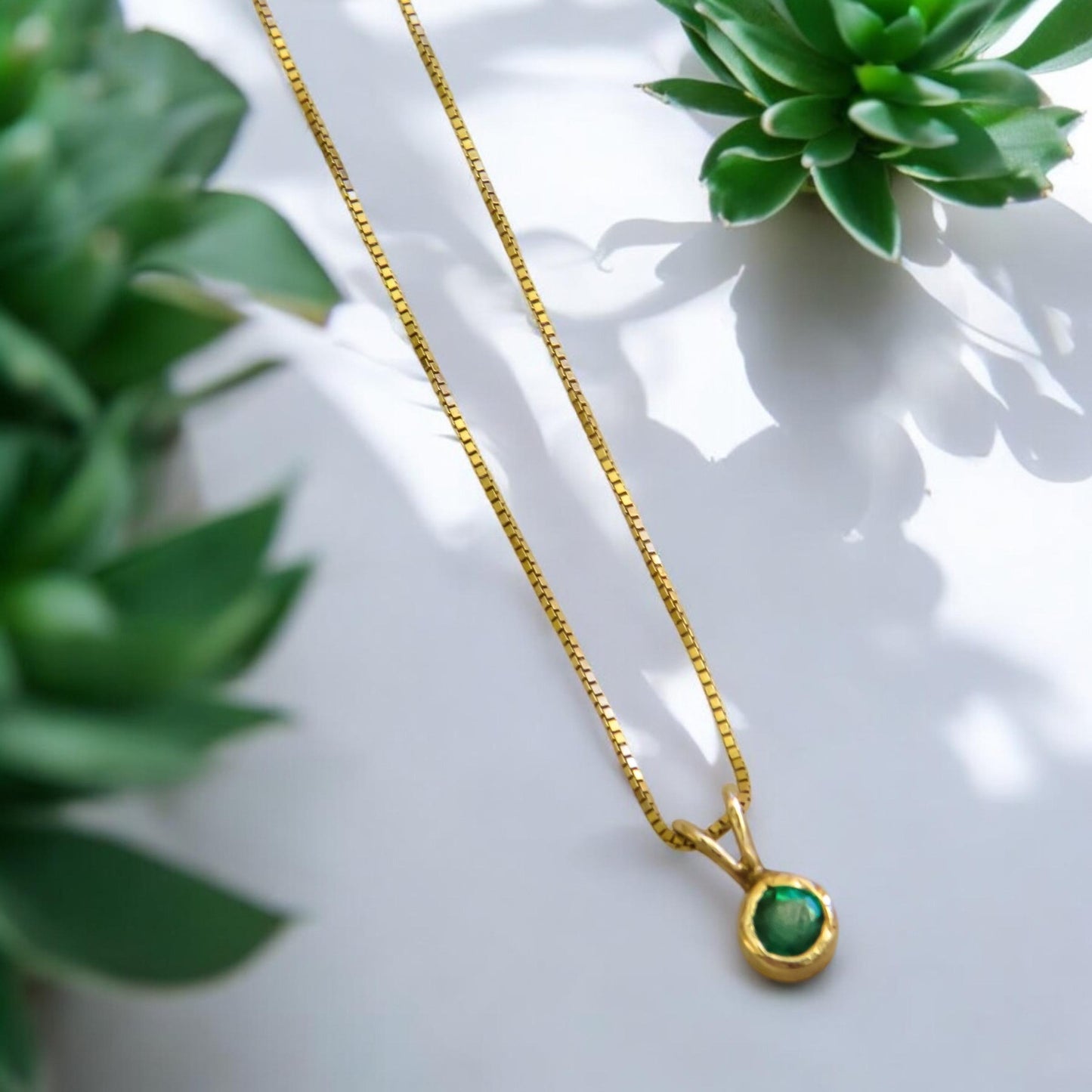 Gemstone Bezel Necklace in 14K Gold Ruby or Emerald