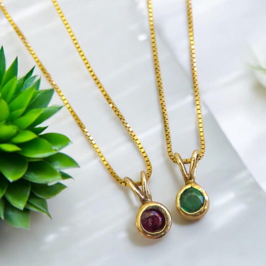 Gemstone Bezel Necklace in 14K Gold Ruby or Emerald