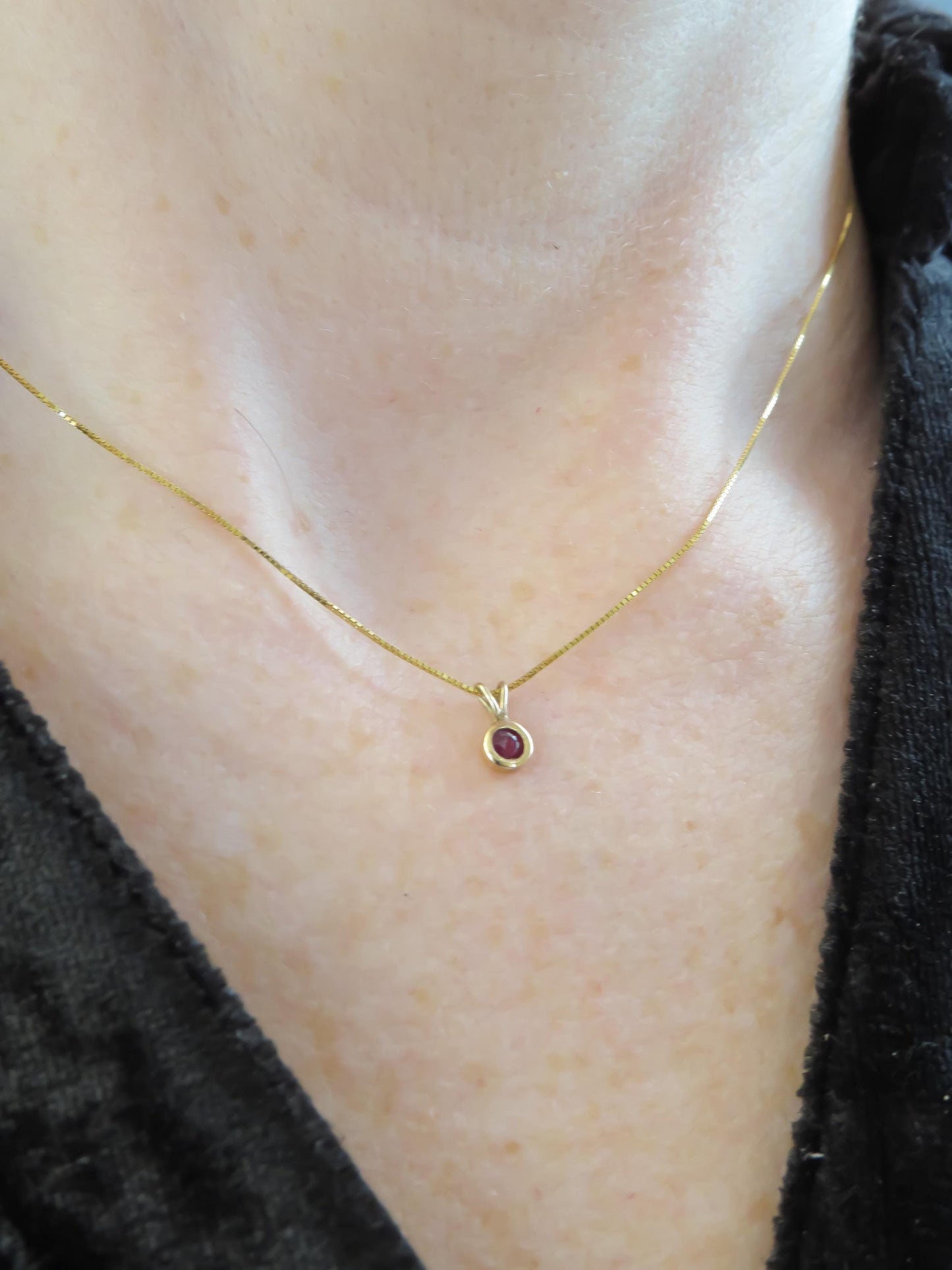Gemstone Bezel Necklace in 14K Gold Ruby or Emerald