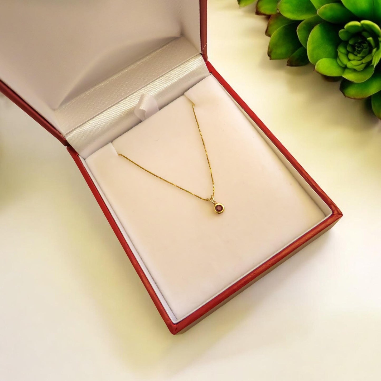 Gemstone Bezel Necklace in 14K Gold Ruby or Emerald