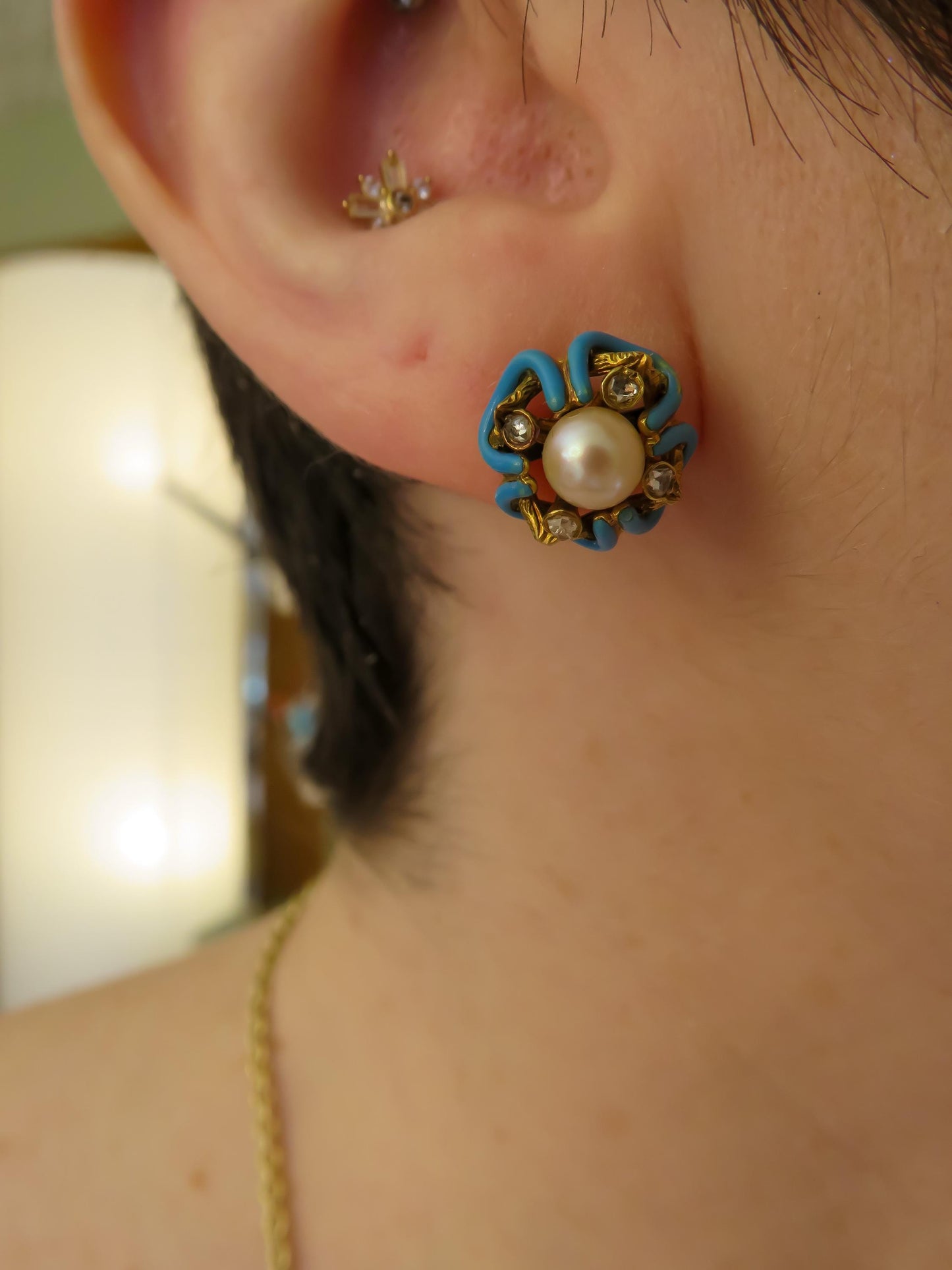 Victorian Era Pearl and Enamel Stud Earrings in 14K Yellow Gold