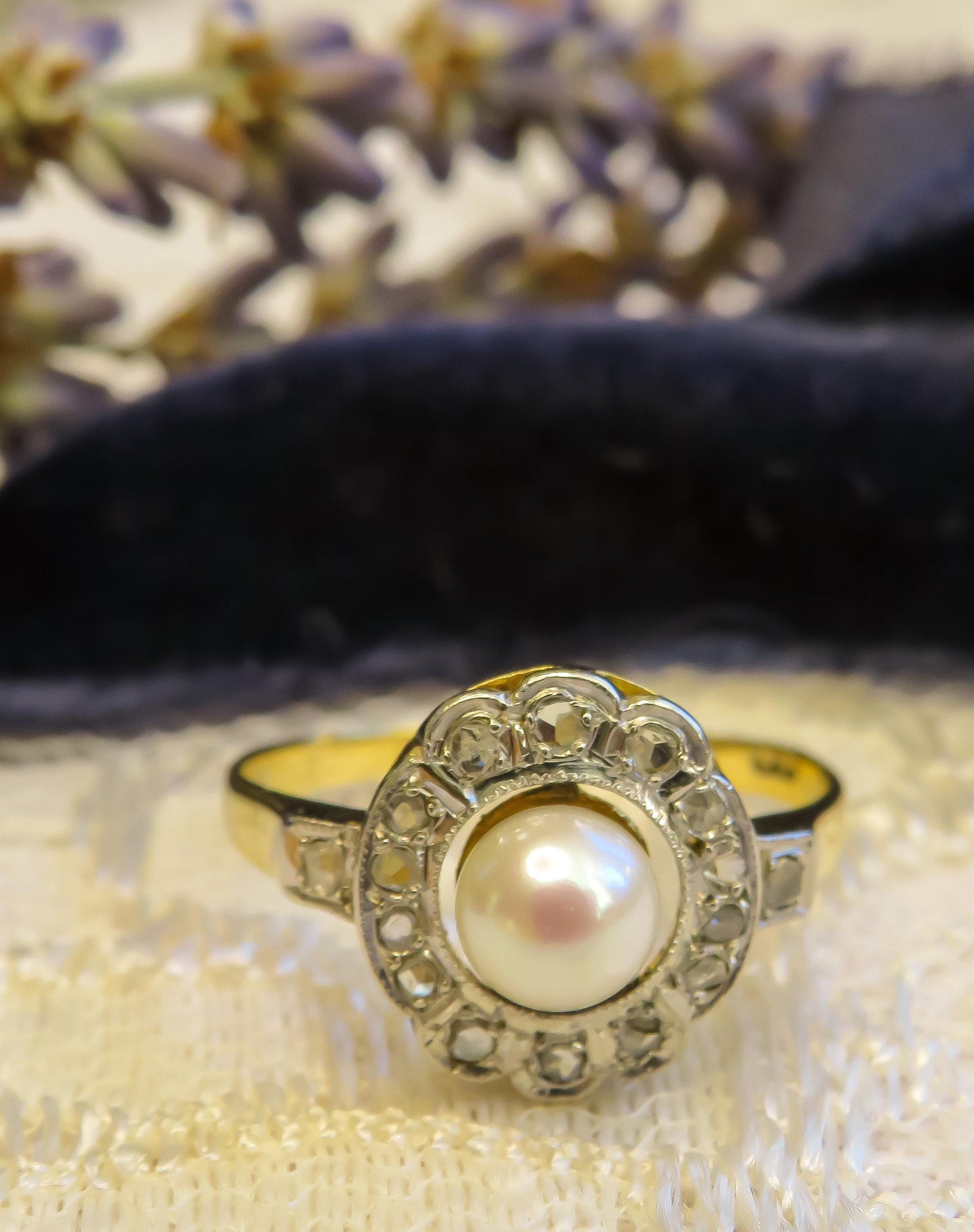 Pearl and Rose Cut Diamond Halo Ring Edwardian Era