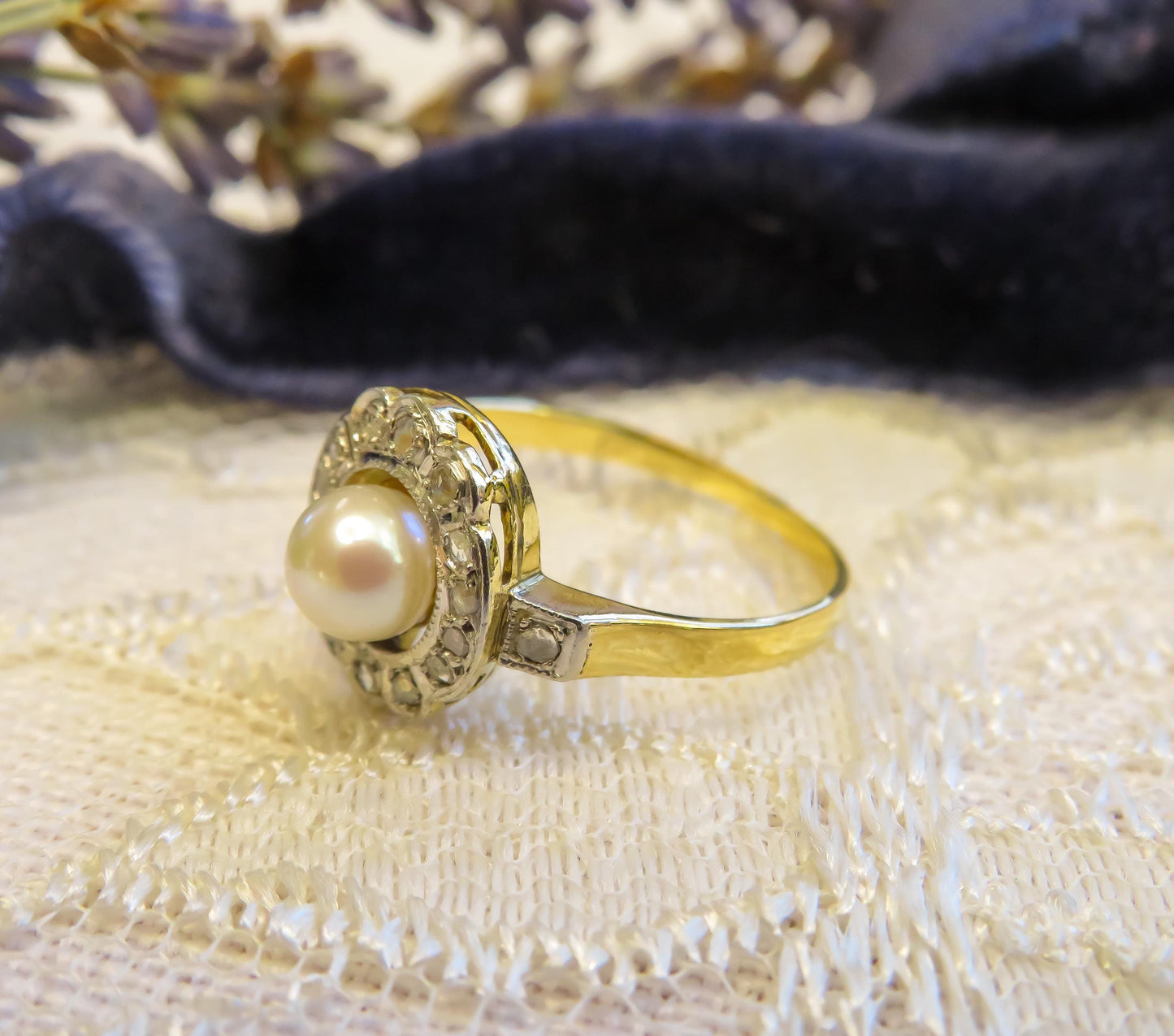 Pearl and Rose Cut Diamond Halo Ring Edwardian Era
