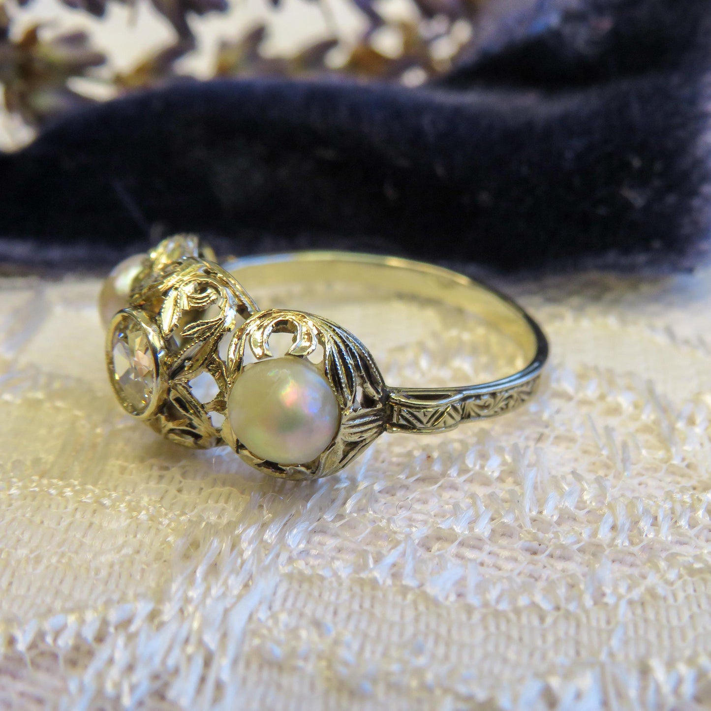Early Old European Cut Diamond and Pearl Trilogy Ring
