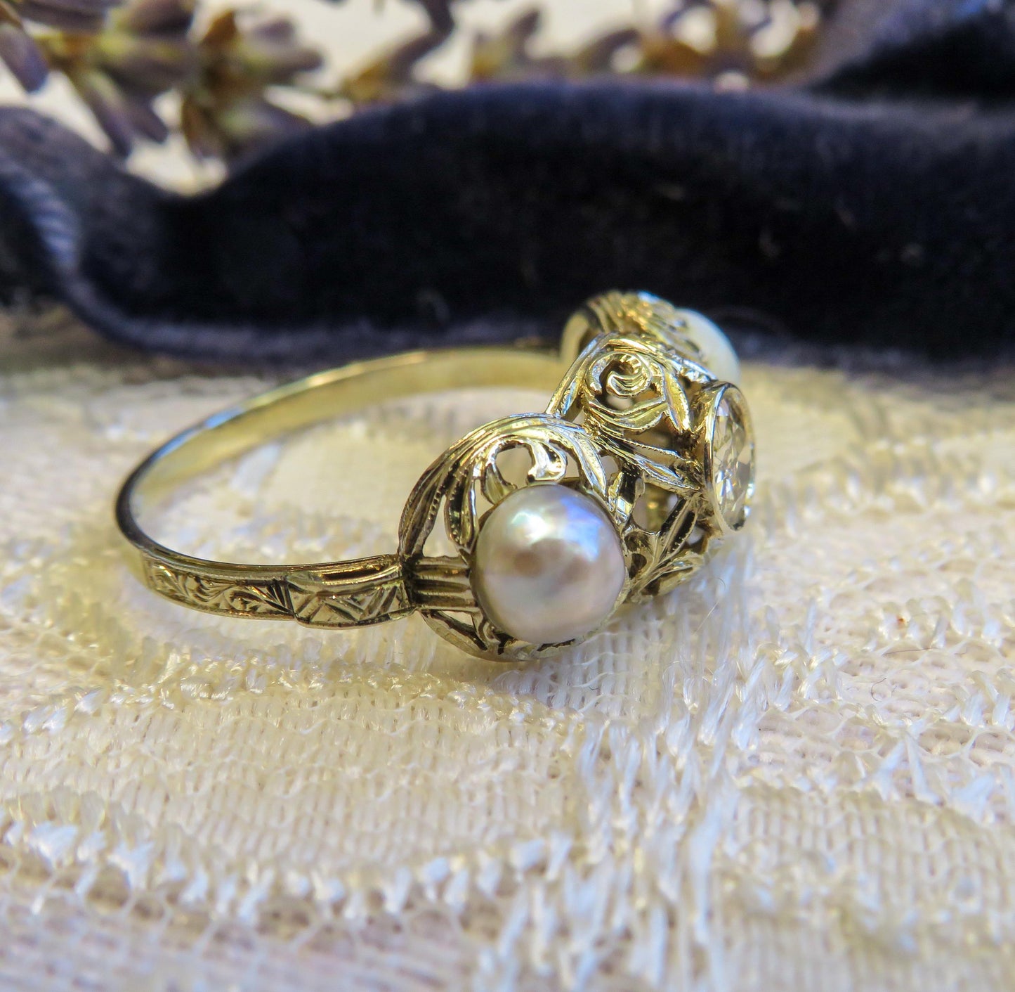 Early Old European Cut Diamond and Pearl Trilogy Ring