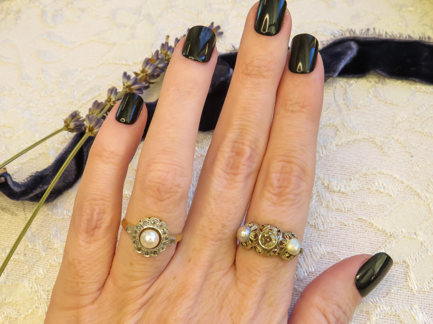 Early Old European Cut Diamond and Pearl Trilogy Ring