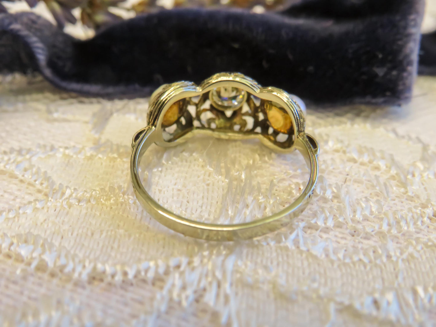 Early Old European Cut Diamond and Pearl Trilogy Ring