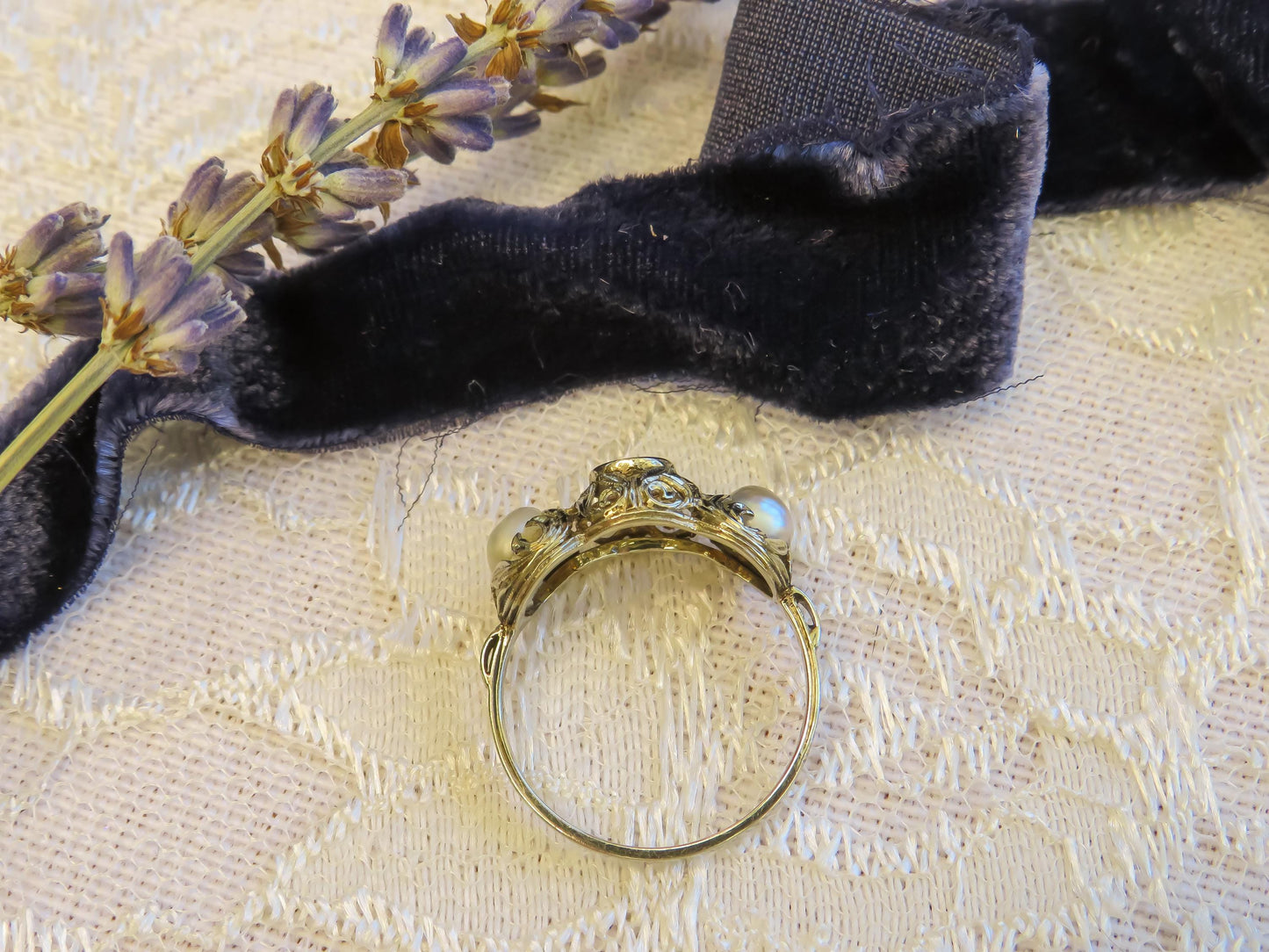 Early Old European Cut Diamond and Pearl Trilogy Ring