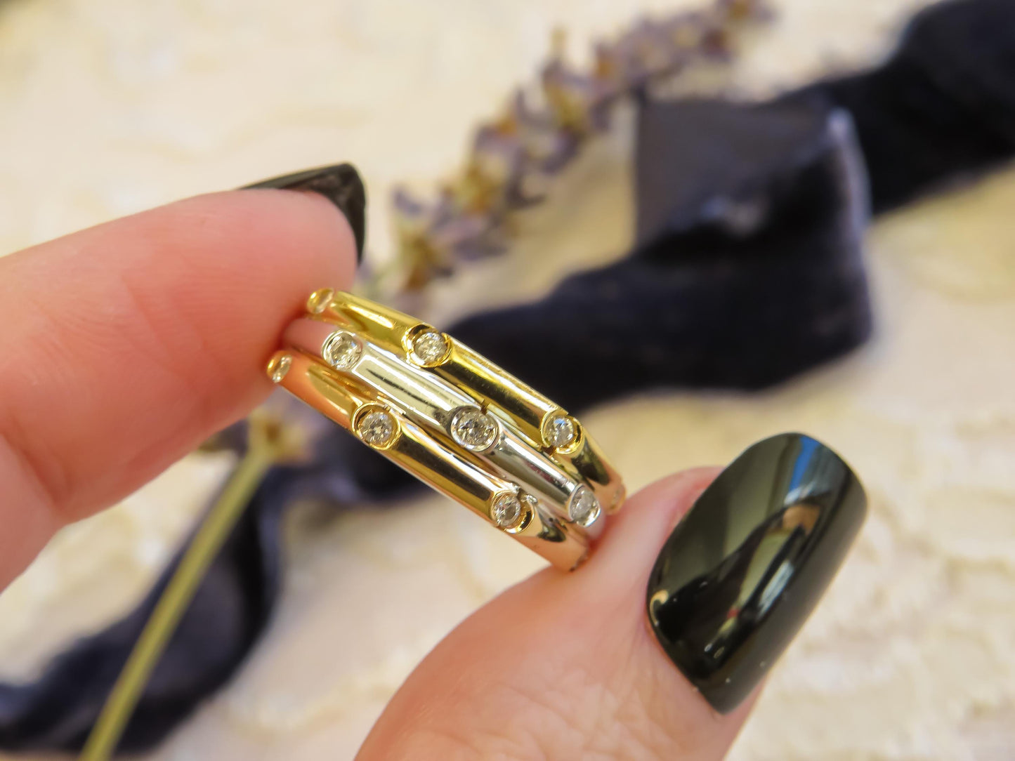 18K Tri-Tone Gold and Diamond Scatter Band