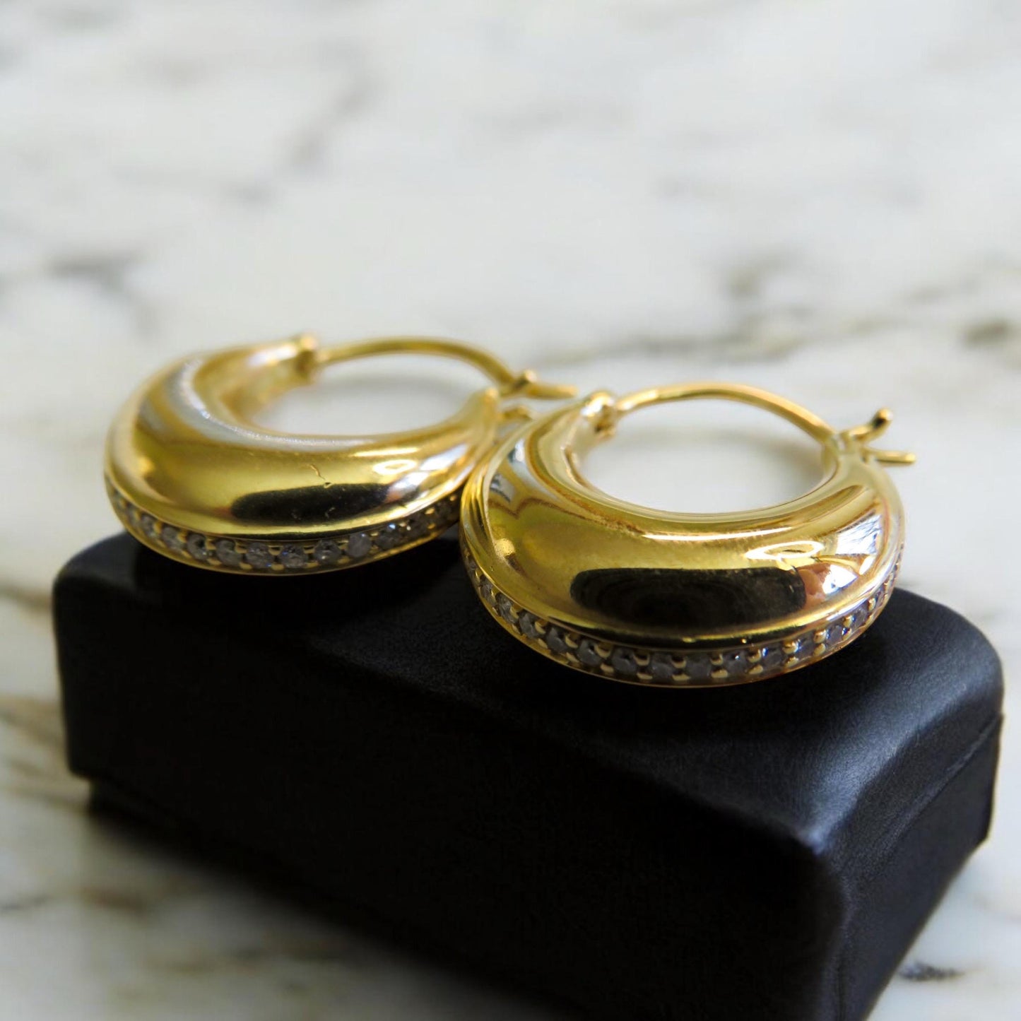 Domed Saddle Hoops with Channel Set Diamonds in 14K