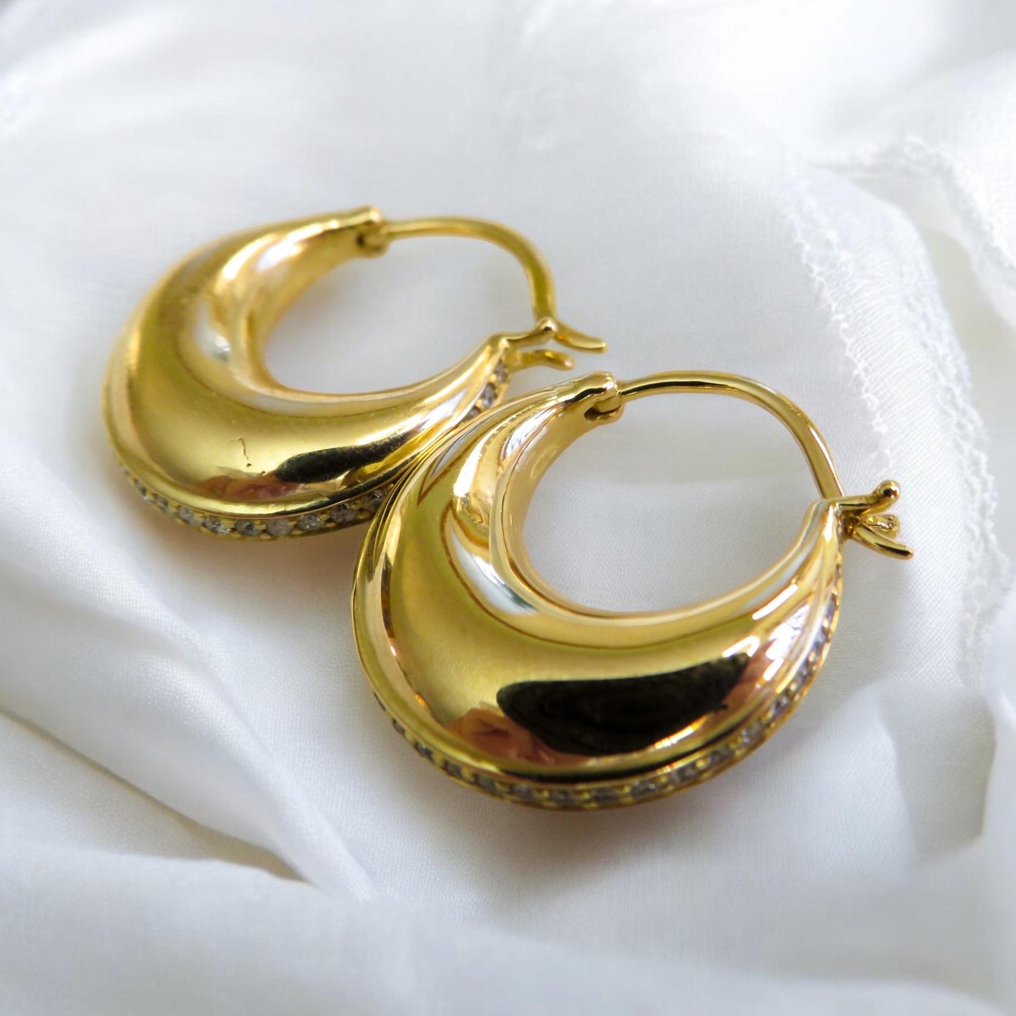 Domed Saddle Hoops with Channel Set Diamonds in 14K