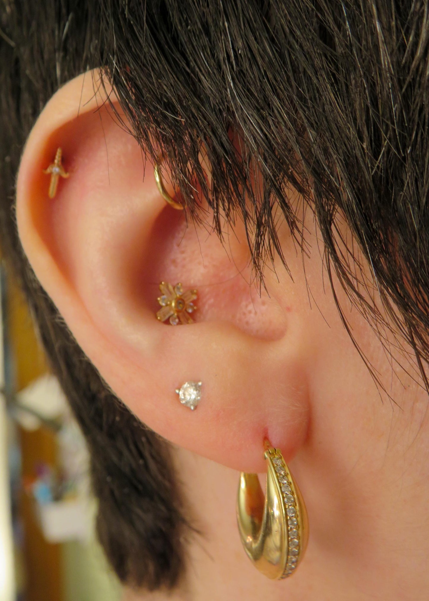 Domed Saddle Hoops with Channel Set Diamonds in 14K