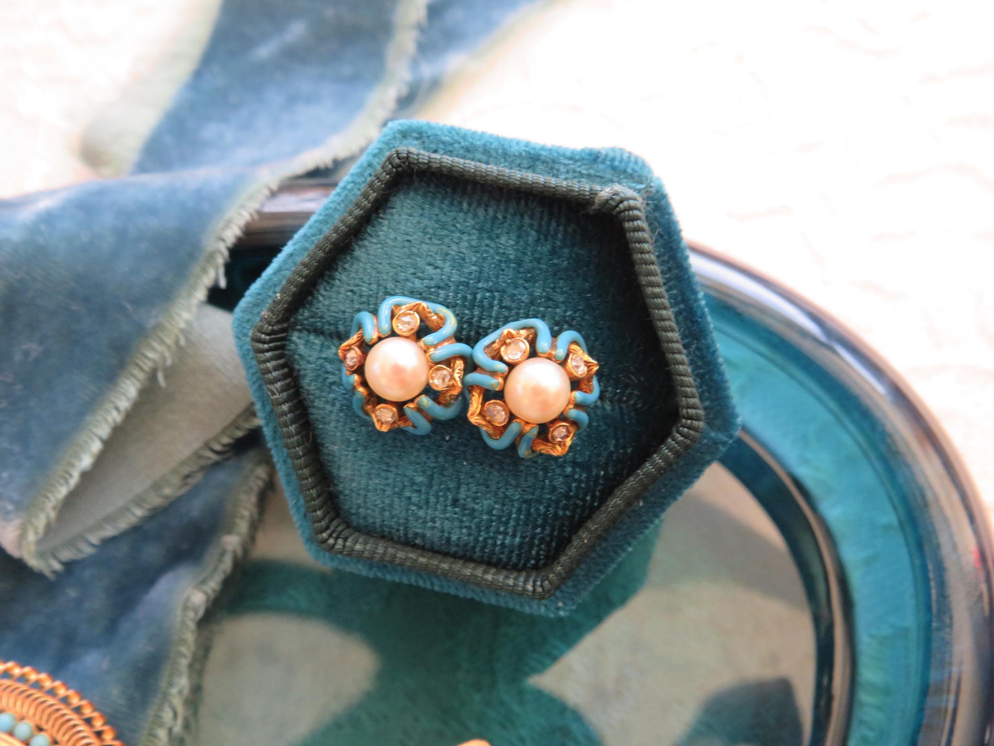 Victorian Era Pearl and Enamel Stud Earrings in 14K Yellow Gold