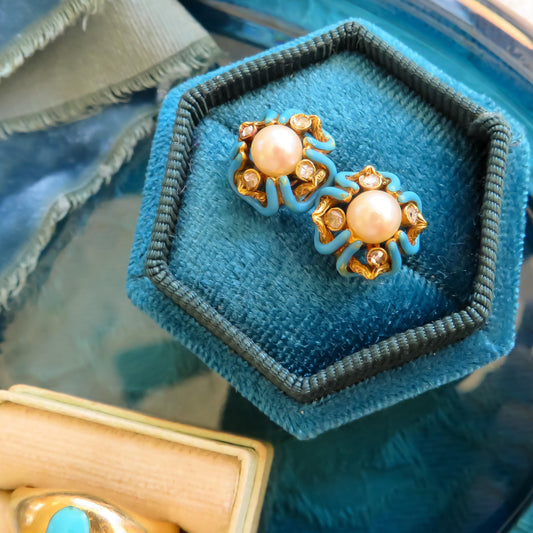 Victorian Era Pearl and Enamel Stud Earrings in 14K Yellow Gold