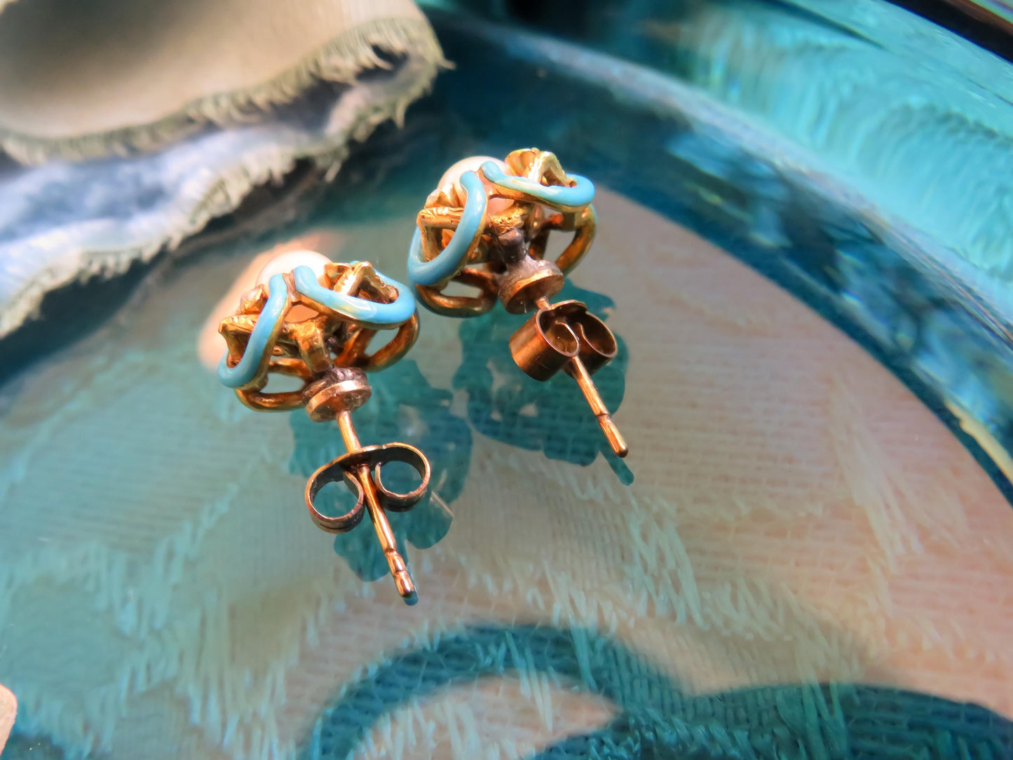 Victorian Era Pearl and Enamel Stud Earrings in 14K Yellow Gold