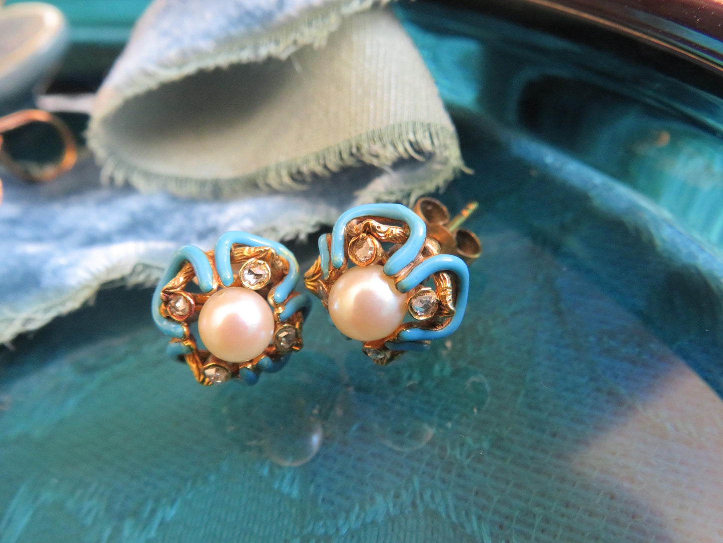 Victorian Era Pearl and Enamel Stud Earrings in 14K Yellow Gold