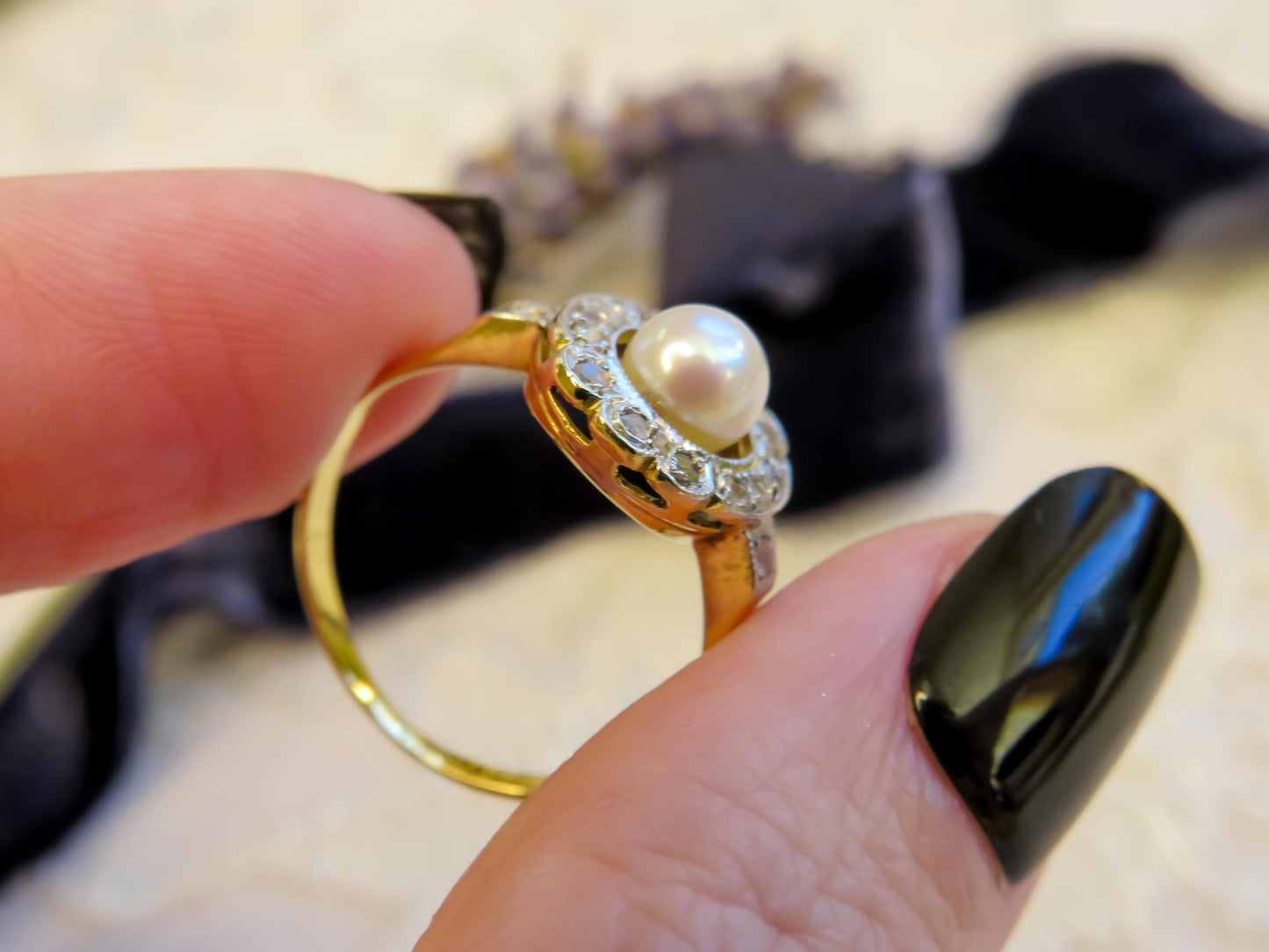 Pearl and Rose Cut Diamond Halo Ring Edwardian Era