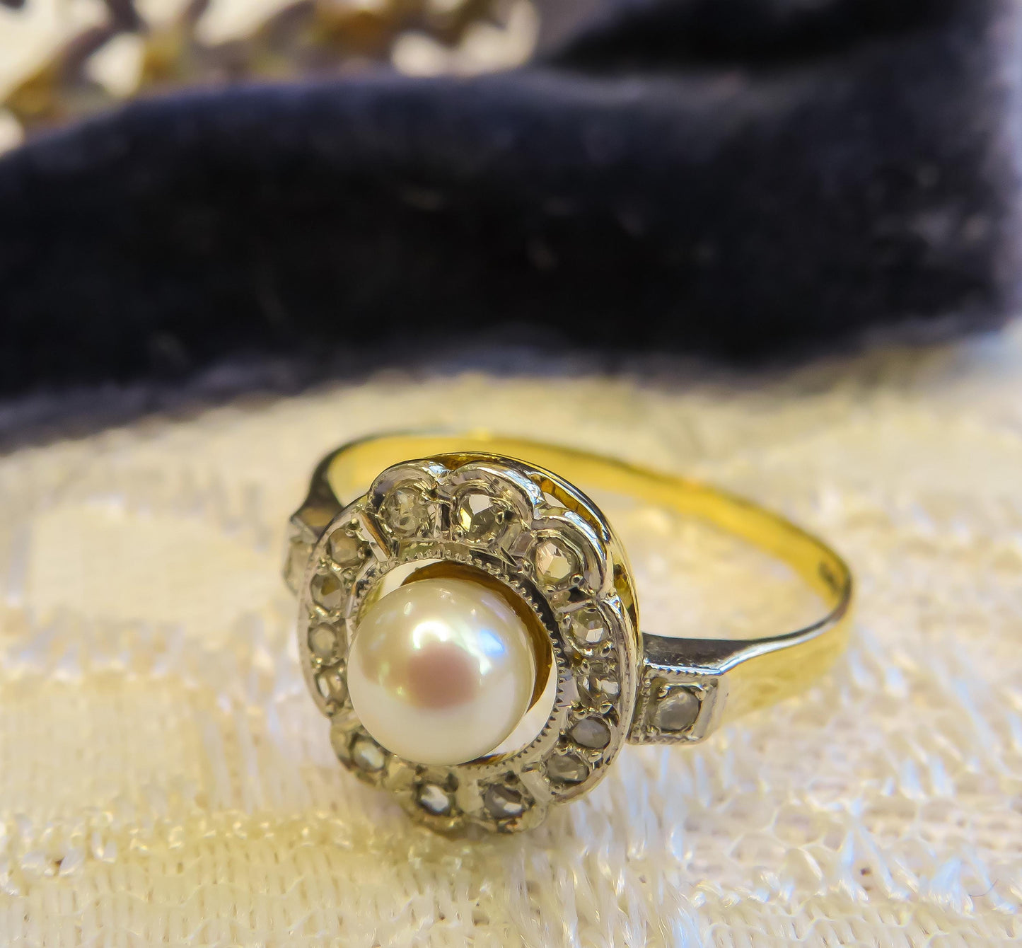 Pearl and Rose Cut Diamond Halo Ring Edwardian Era