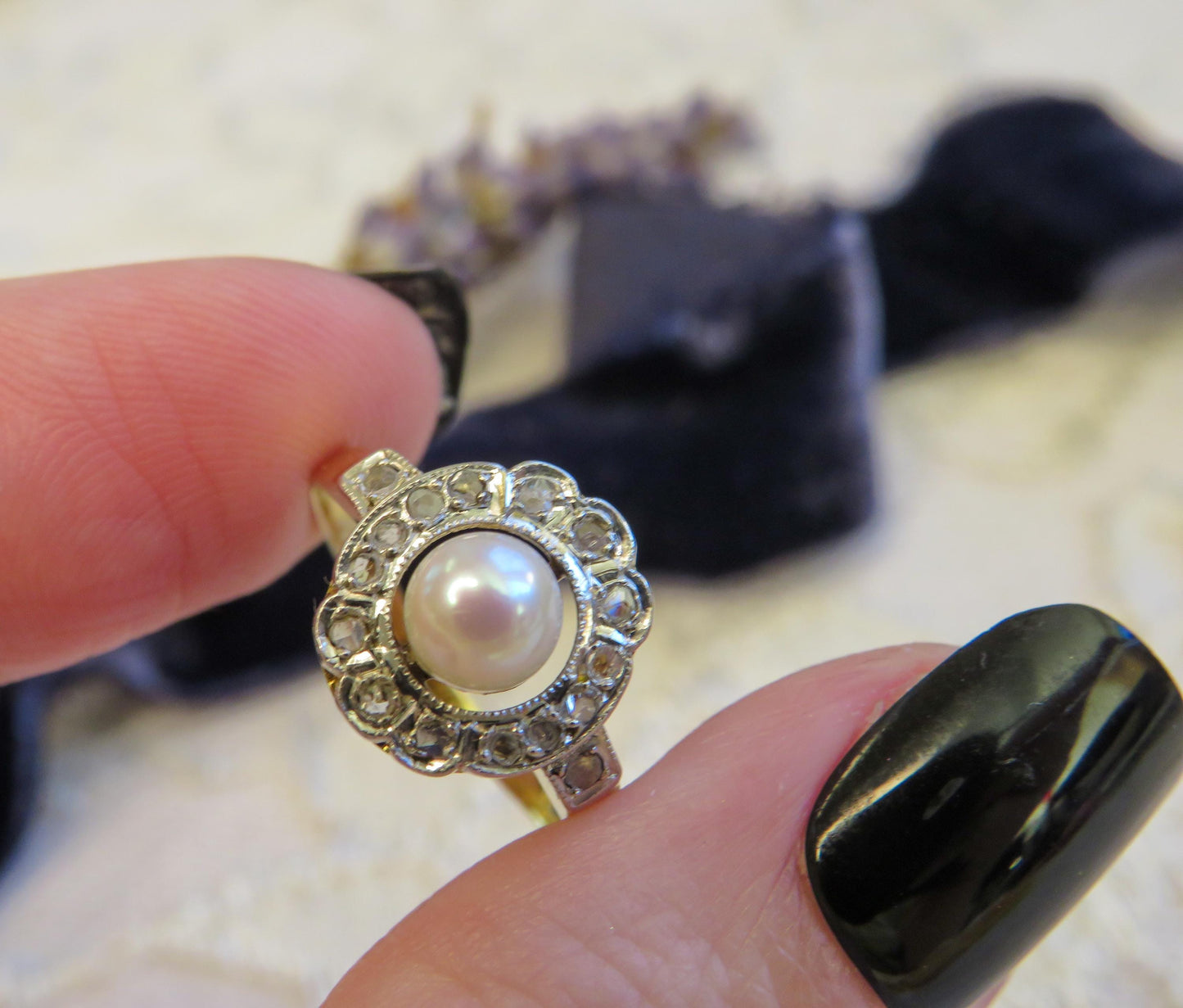Pearl and Rose Cut Diamond Halo Ring Edwardian Era