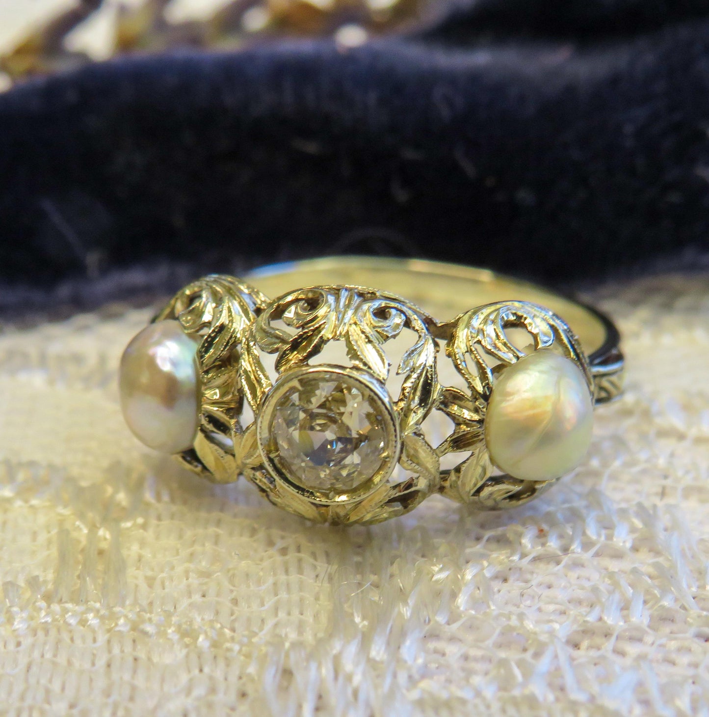 Early Old European Cut Diamond and Pearl Trilogy Ring